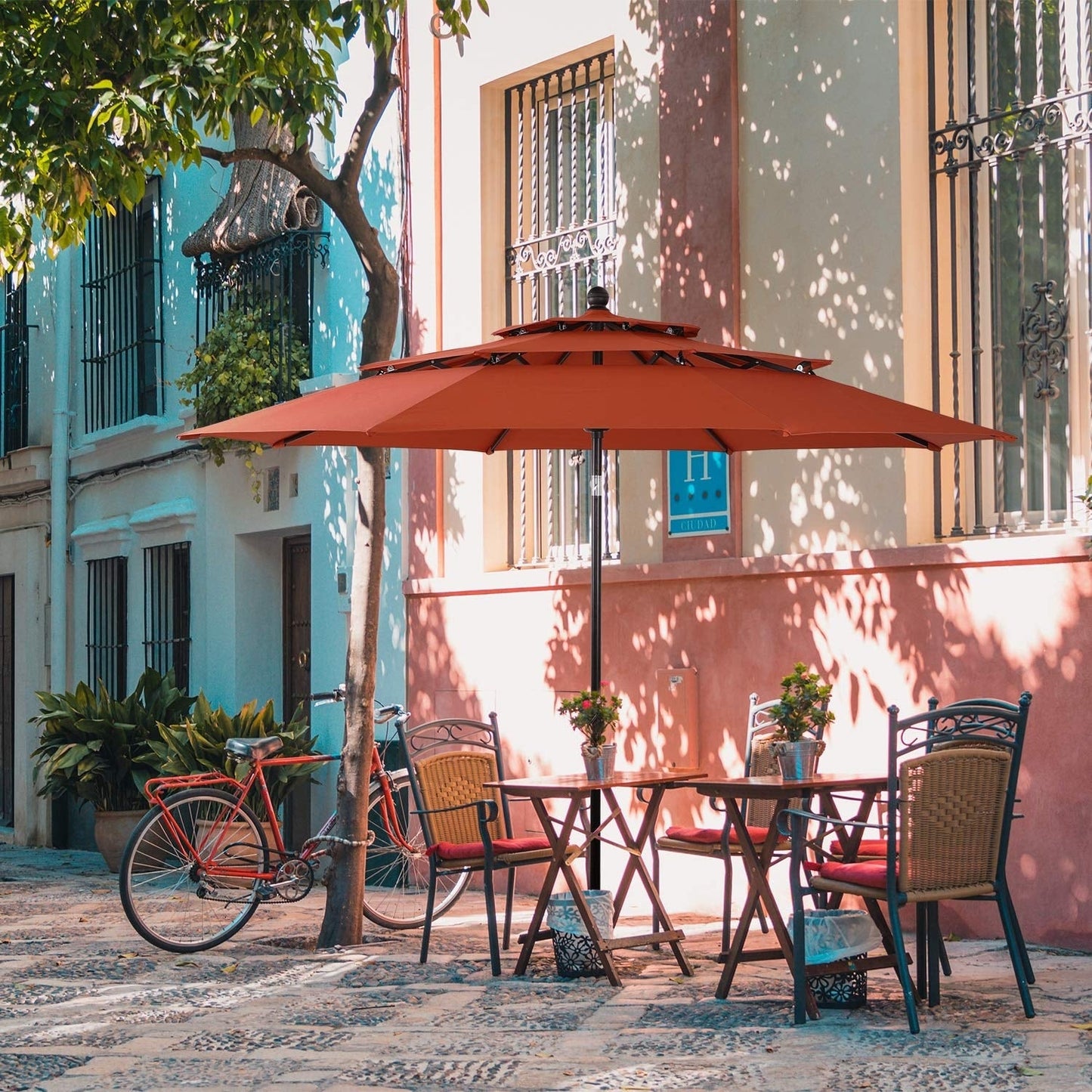 MAISON ARTS 10ft 3 Tiers Vented Patio Outdoor Umbrella with Auto-tilt and Crank Lift