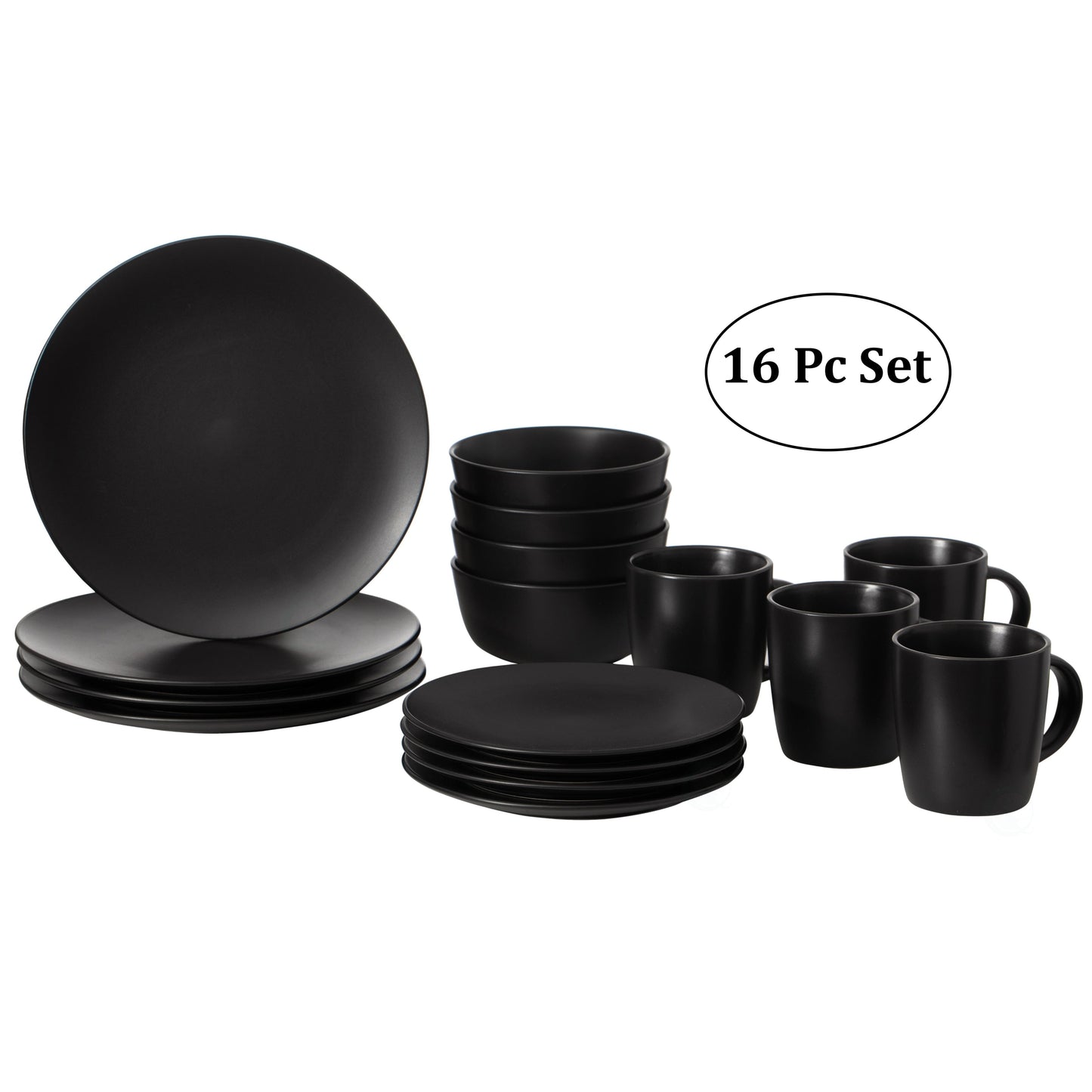 16 PC Dinnerware Dish Set for 4 Person | Mugs, Salad and Dinner Plates and Bowls Sets, Chip and Crack Resistant, Matte Black