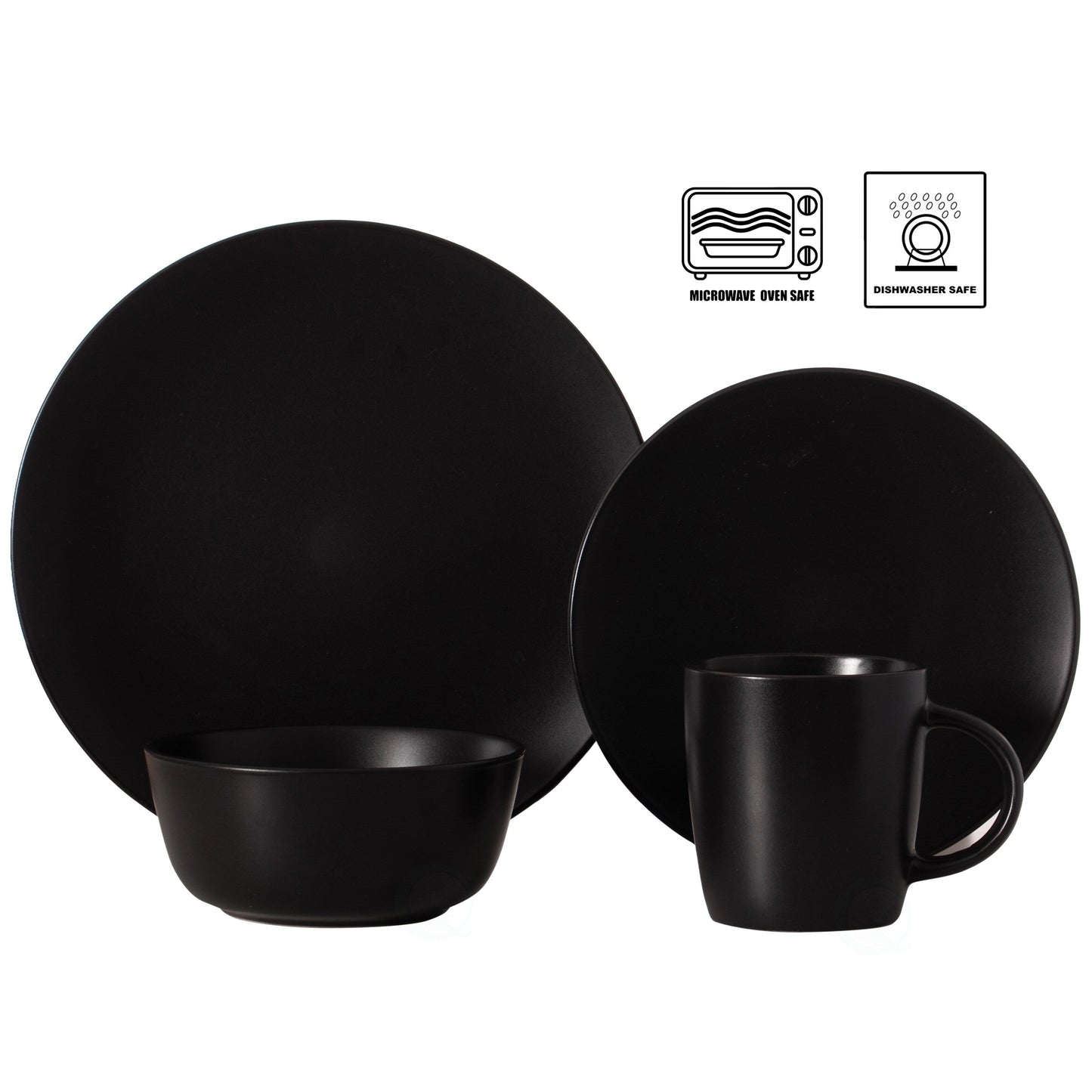 16 PC Dinnerware Dish Set for 4 Person | Mugs, Salad and Dinner Plates and Bowls Sets, Chip and Crack Resistant, Matte Black