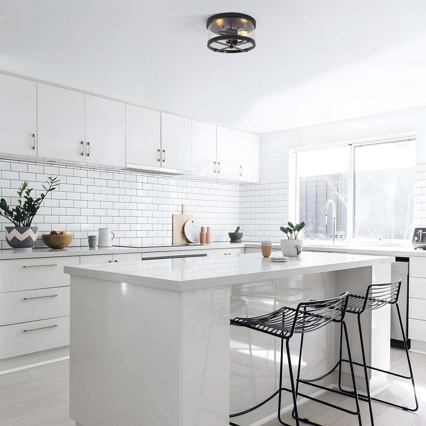 2-Light Flush Mount Clear Glass Ceiling Light with Metal Frame