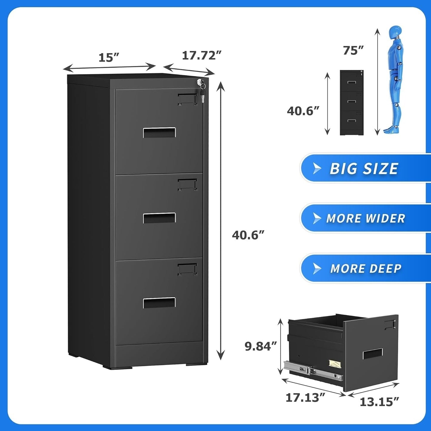 3 Drawer Metal Locking File Cabinet for Home Office, Rolling Cabinet Fully Assembled