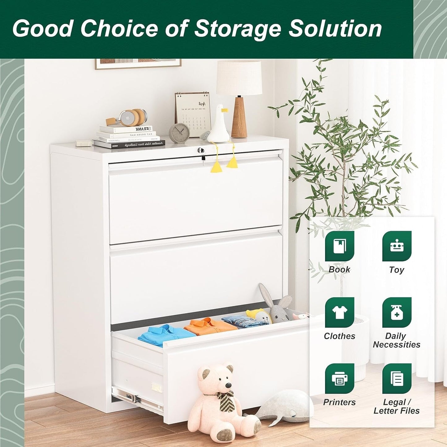 3 Drawer Metal Locking File Cabinet for Home Office, Rolling Cabinet Fully Assembled