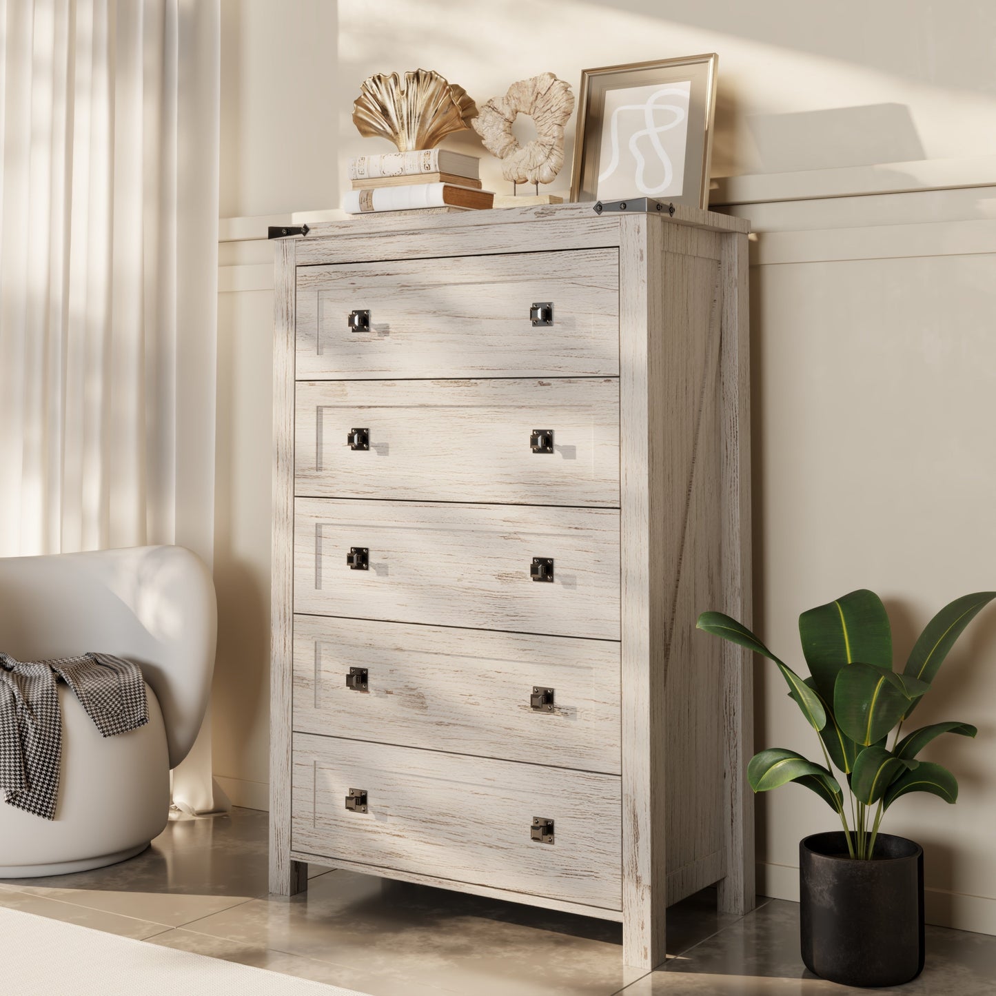 Commode haute en bois à 5 tiroirs de style ferme, commode pour chambre à coucher