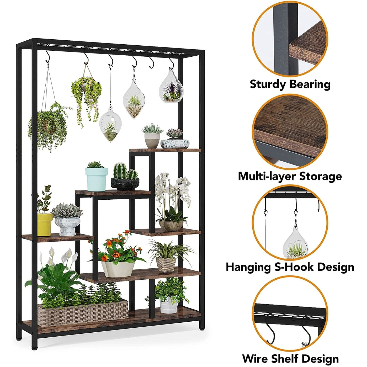 5-Tier Tall Indoor Plant Stand, 70.9 inches Plant Shelf with 10PC Hanging Hooks