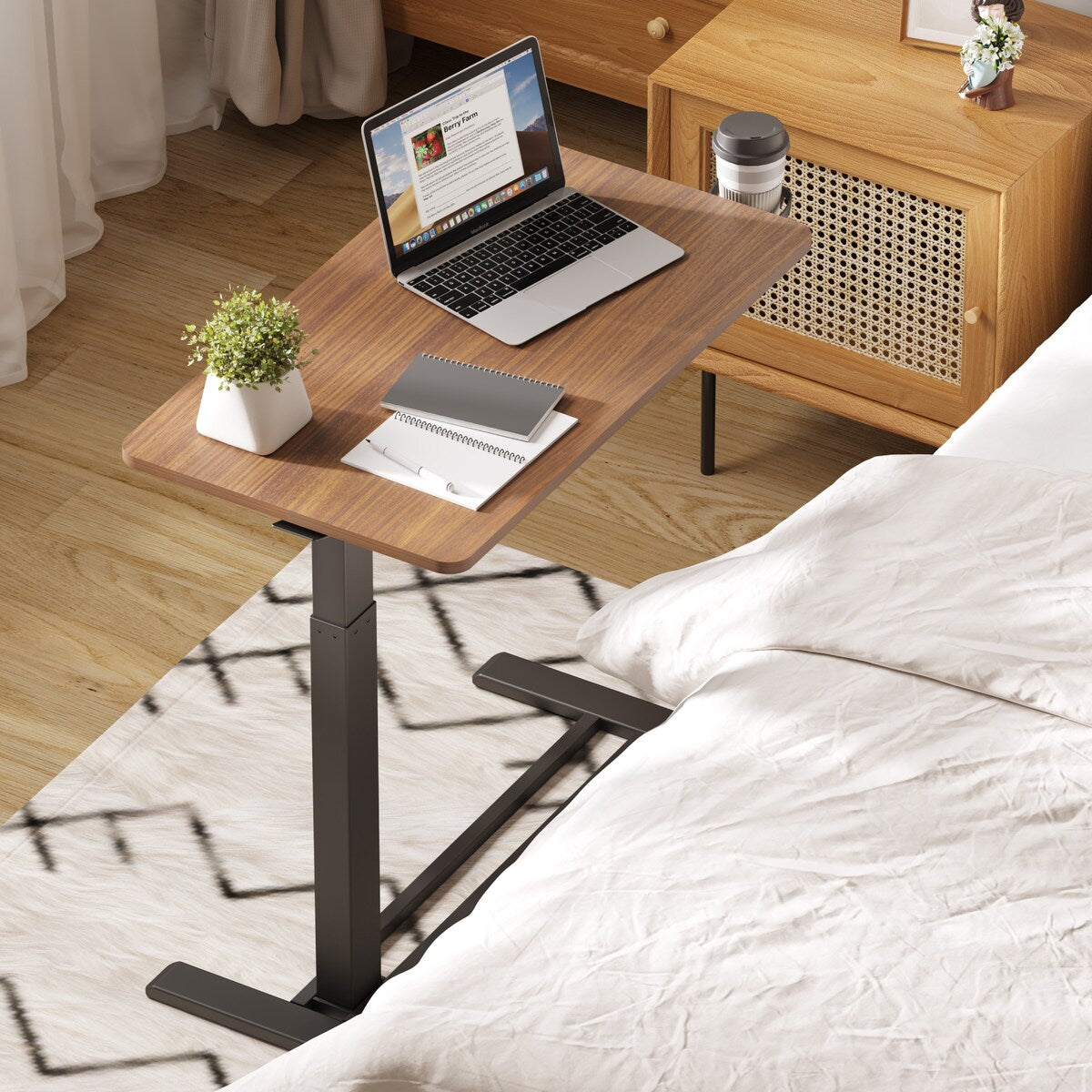 FunniHomi 28/32 Movable Overbed Table Height Adjustable Computer Desk with Wheels, White/Black Laptop Table for Bed and Sofa