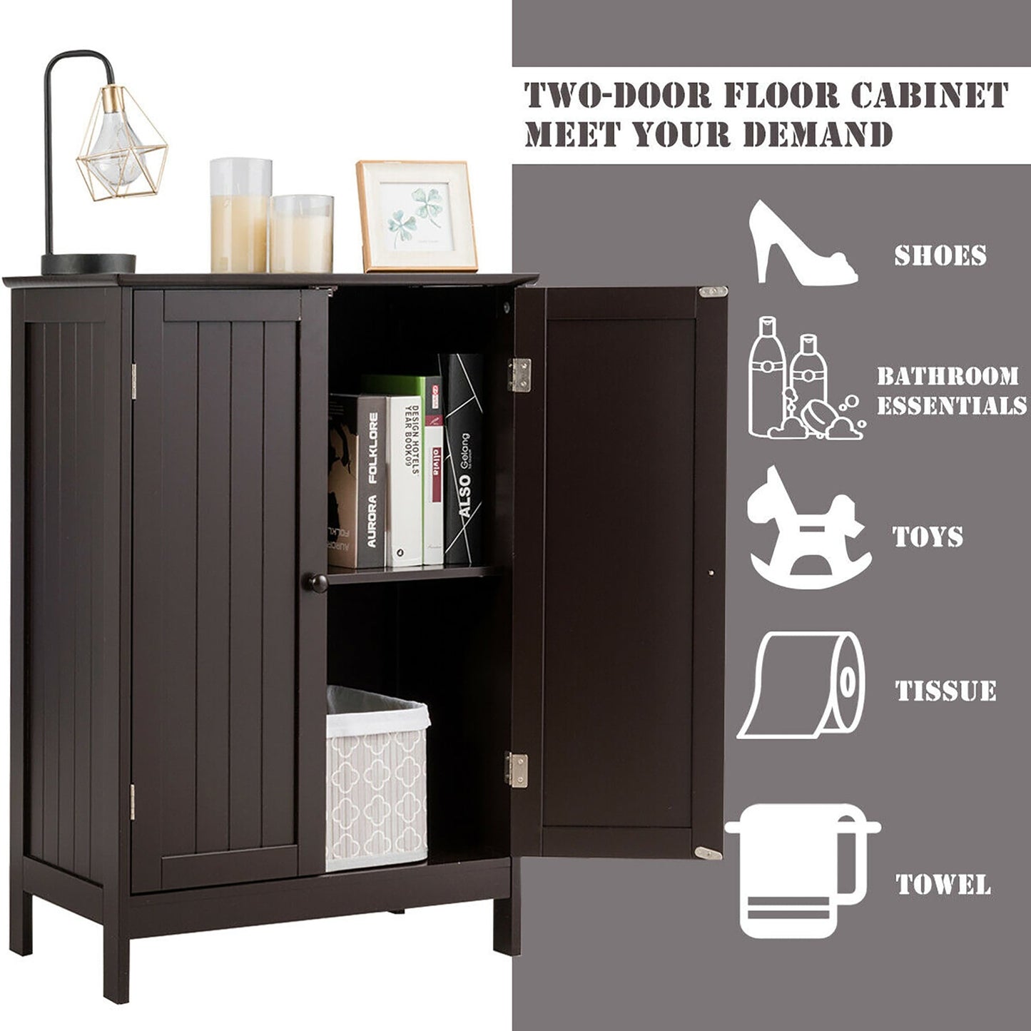 Bathroom Storage Cabinet with Double Doors Wooden Floor Shoe Cabinet