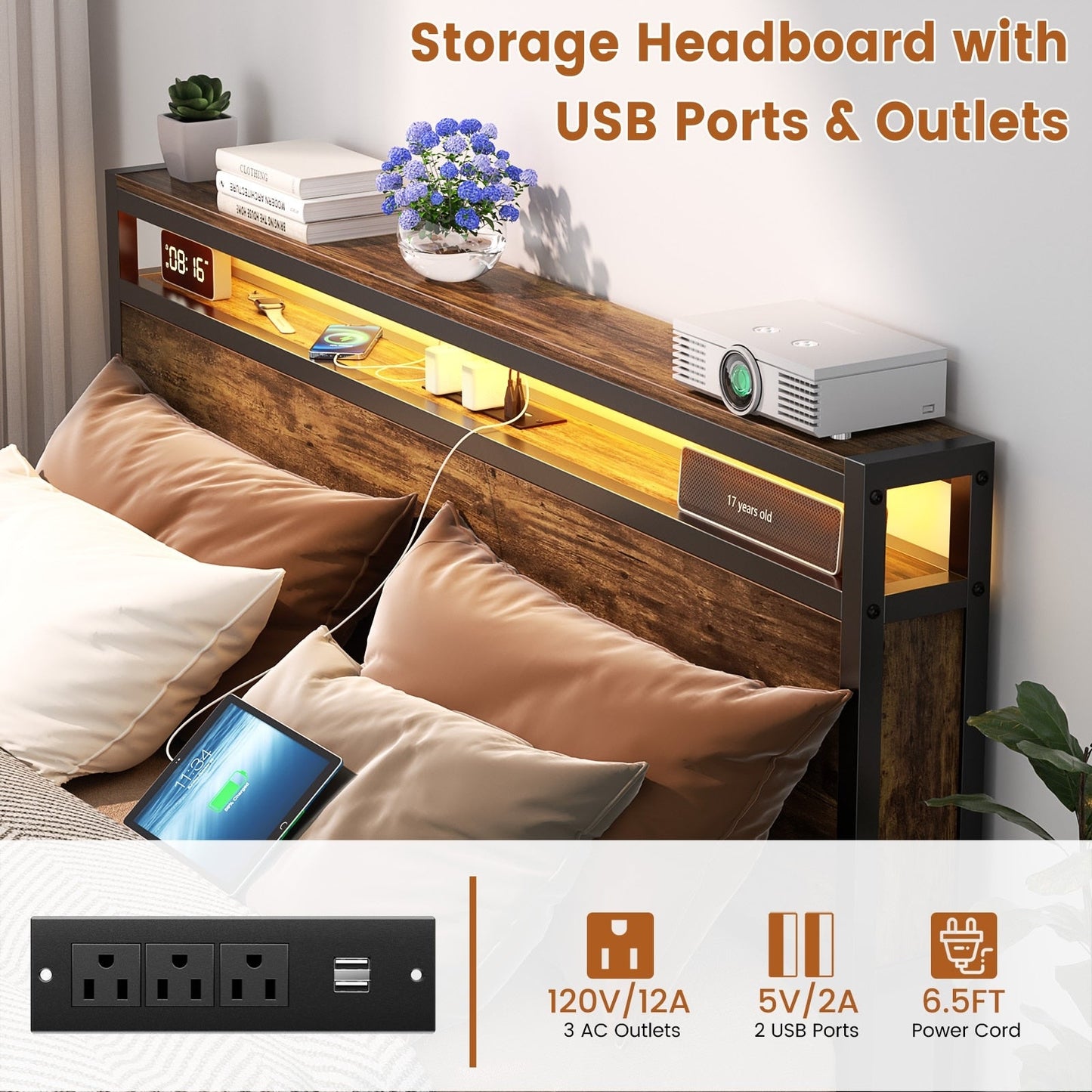 Cadre de lit plateforme en bois de style ferme avec station de charge et lumières LED