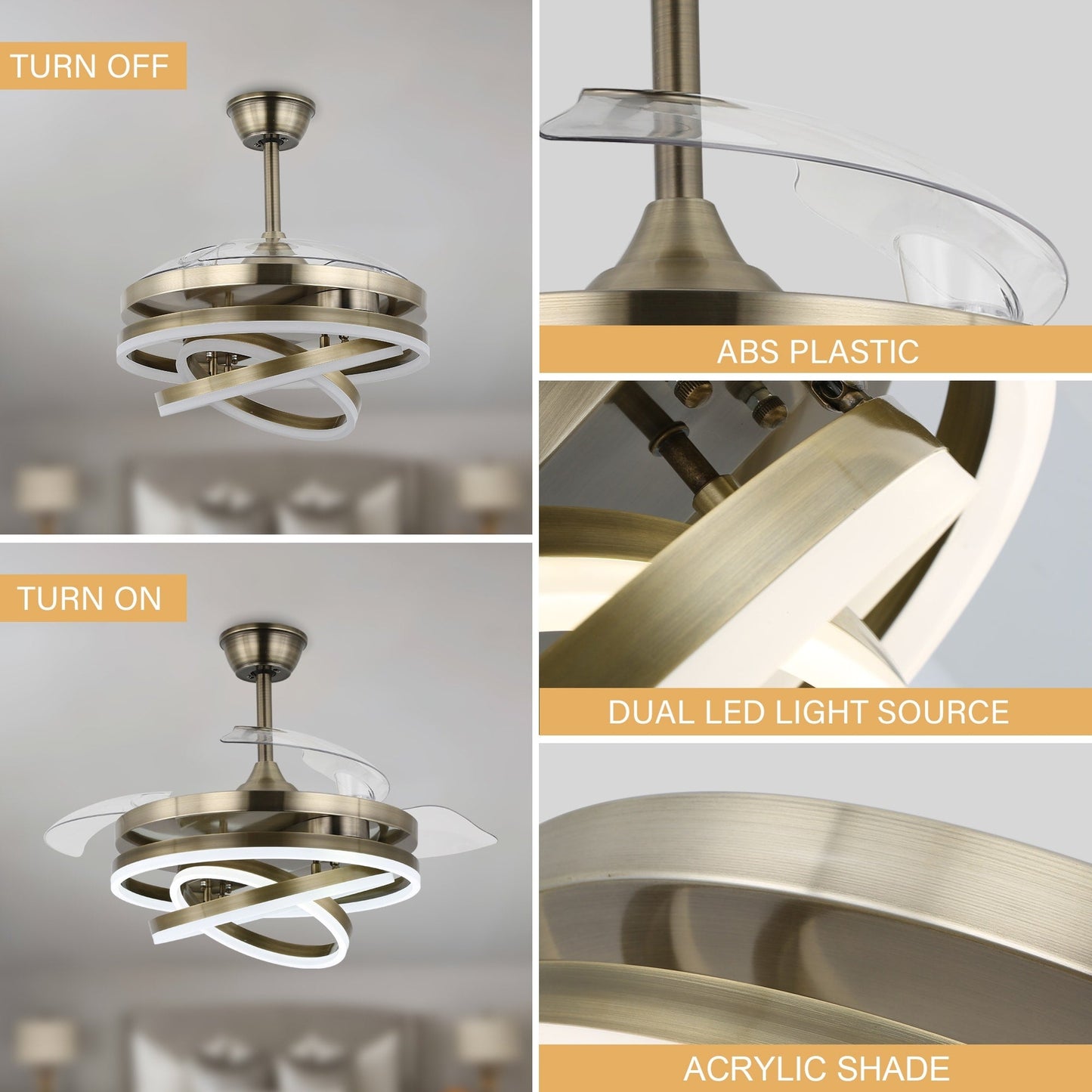 Ventilateur de plafond rétractable Cusp Barn 42 avec lumières et télécommande DIY Forme Fandelier Moderne Silencieux Moteur CC Plafonnier LED