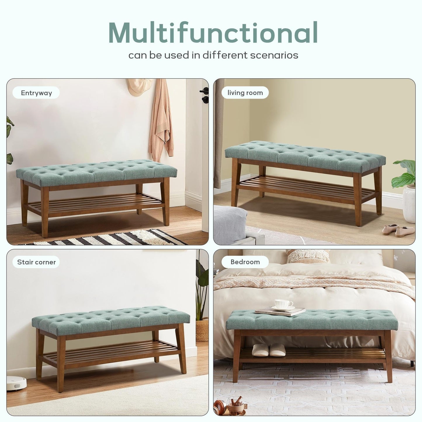 Banc à chaussures d'entrée, banc de rangement en tissu et bois massif, banc rembourré de 43 pouces pour salon et chambres