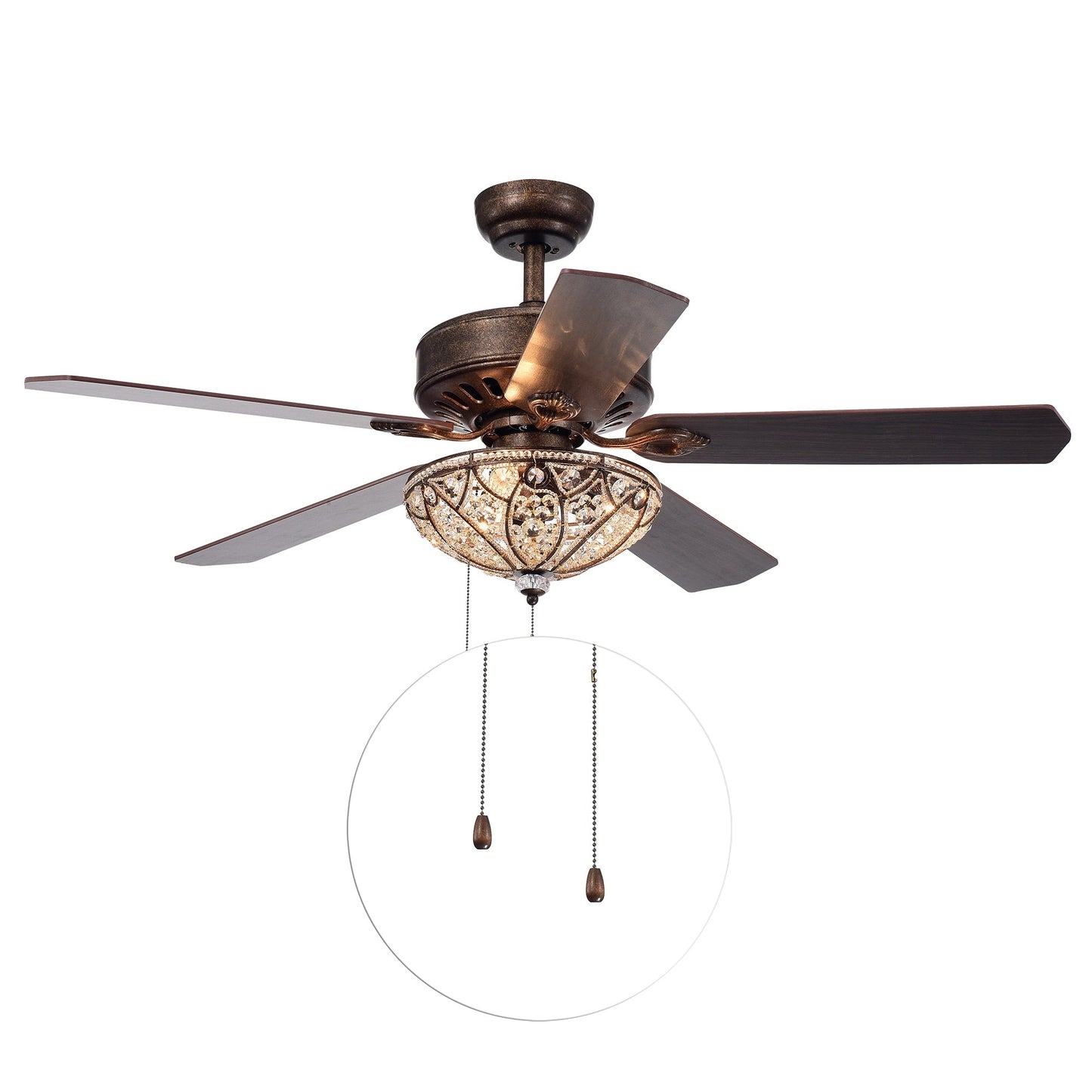 Ventilateur de plafond éclairé à 5 pales en bronze rustique Gliska avec abat-jour en cristal