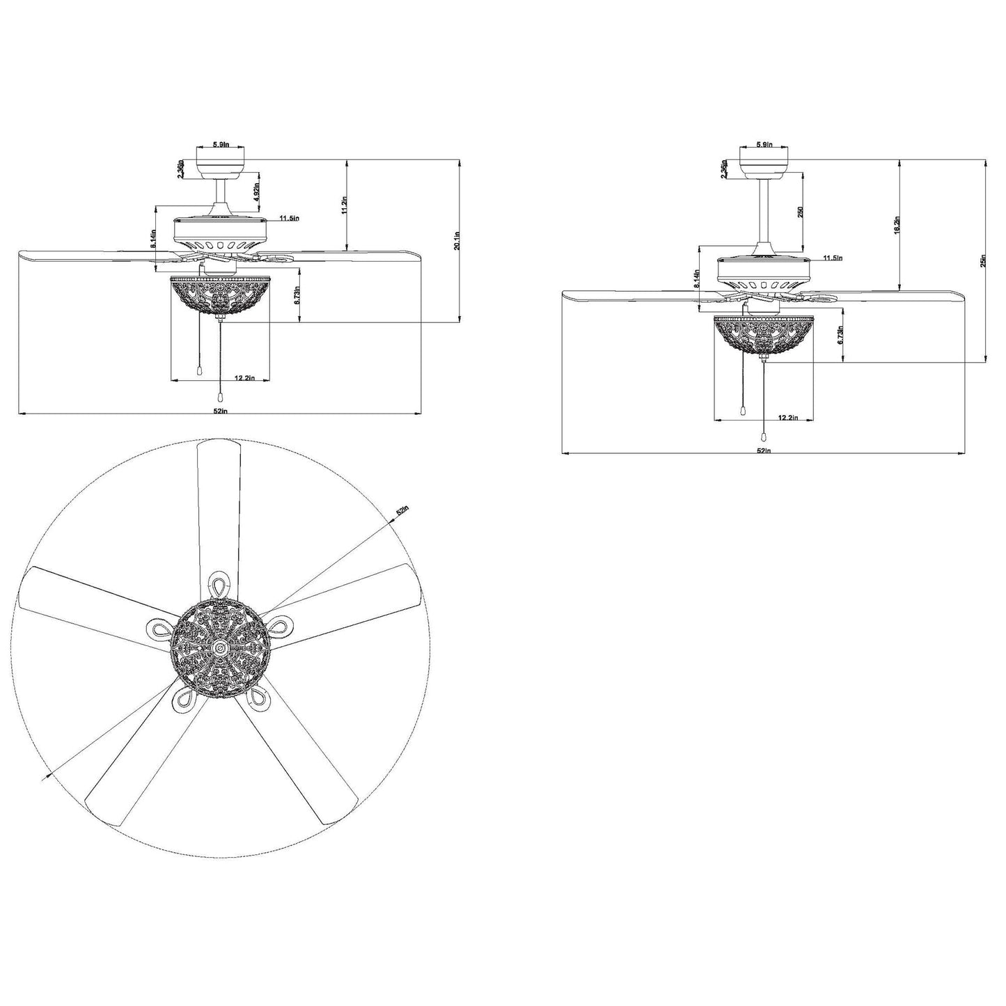 Ventilateur de plafond éclairé à 5 pales en bronze rustique Gliska avec abat-jour en cristal