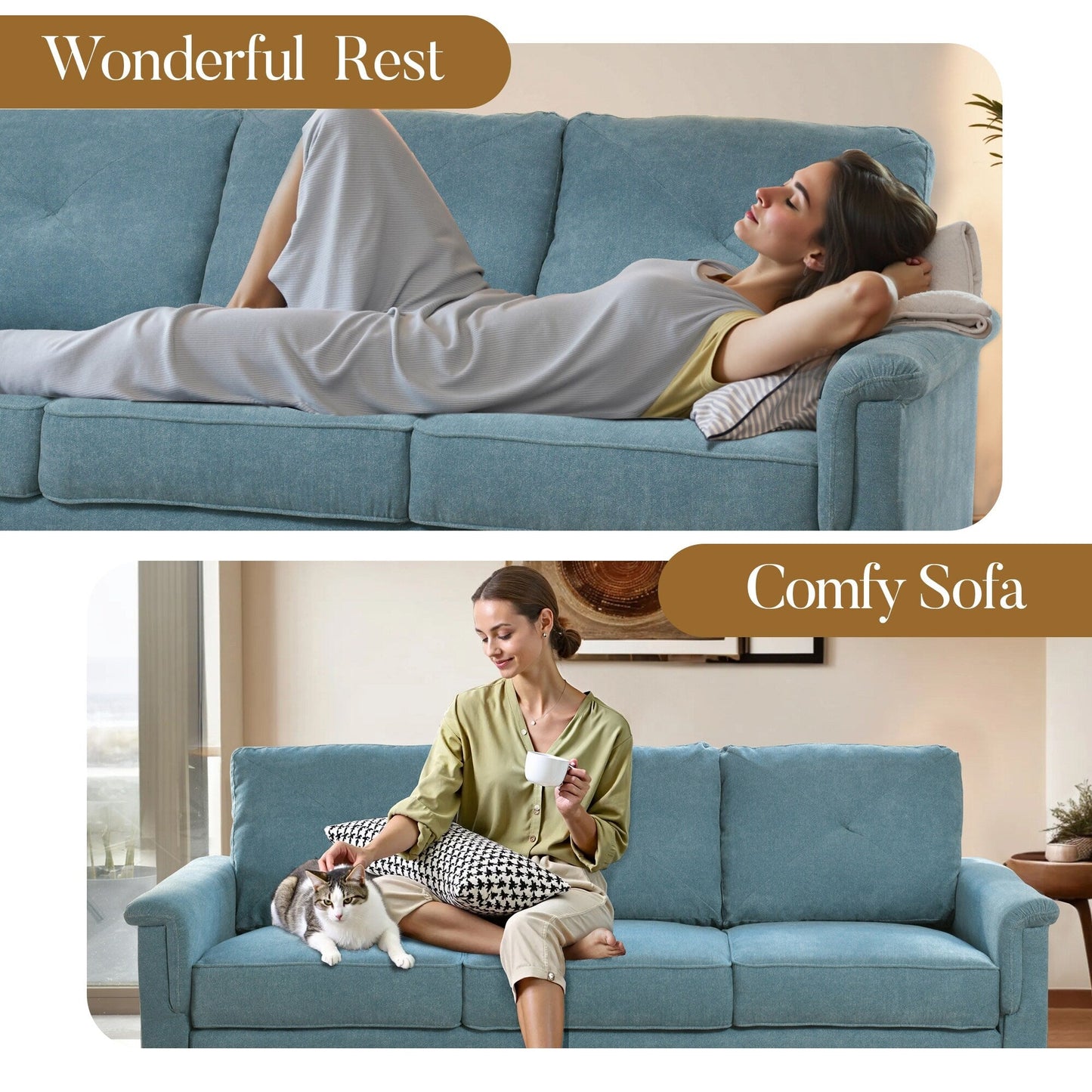 Canapé 3 places rembourré HOOOWOOO Mid-Century avec pieds en bois pour salon