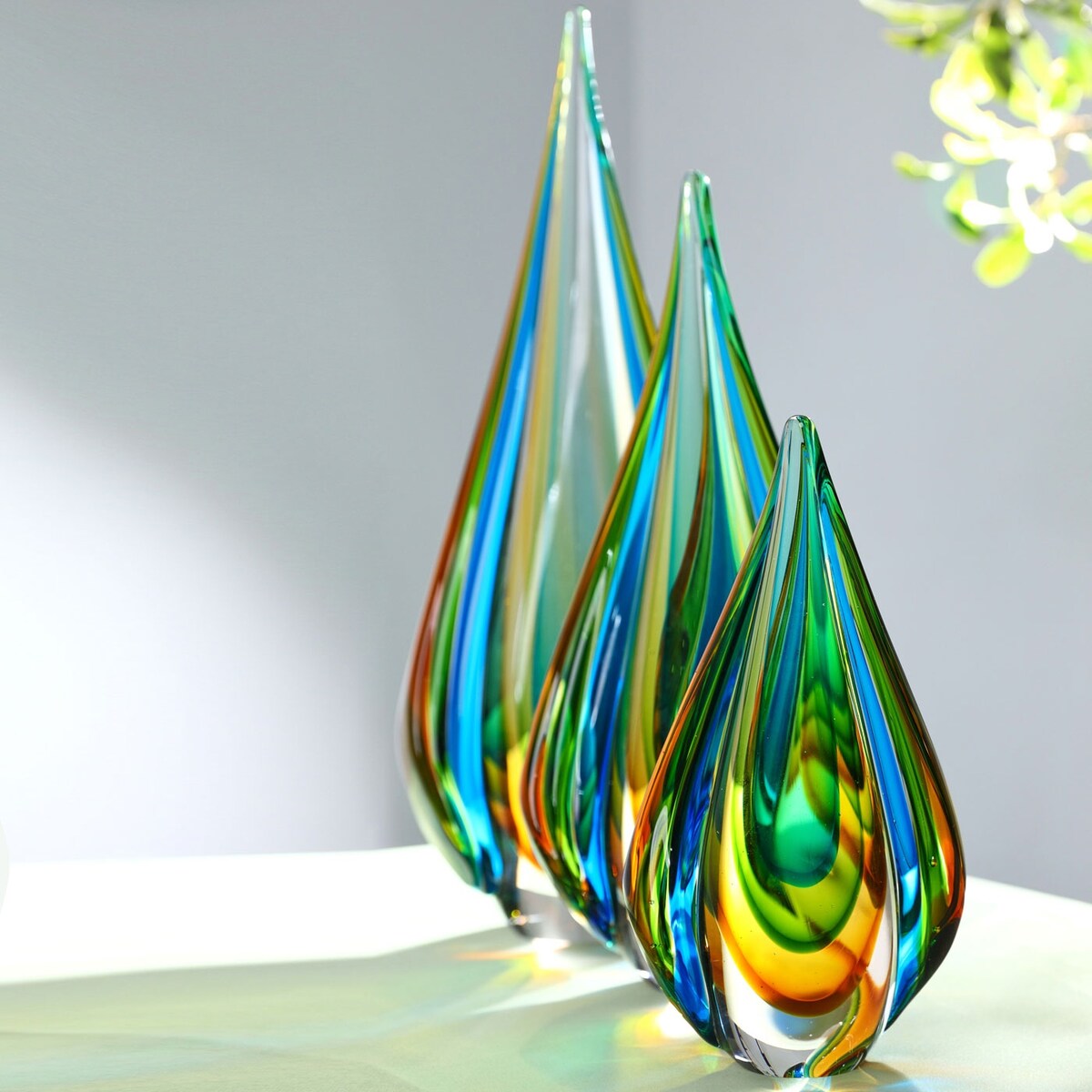 Luxury Lane Hand Blown Green Flame Teardrop Sommerso Art Glass Sculpture 10-18 inch tall