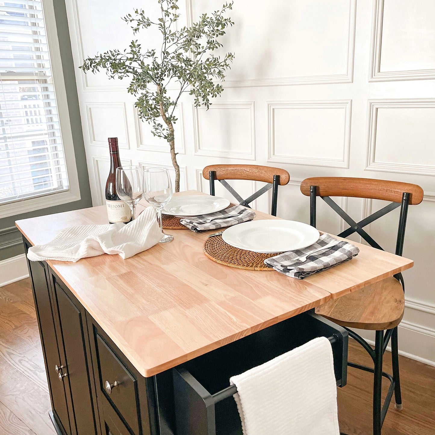 Desserte de cuisine Sophia & William avec abattant et plateau en bois d'hévéa, chariot de cuisine roulant avec grand meuble de rangement