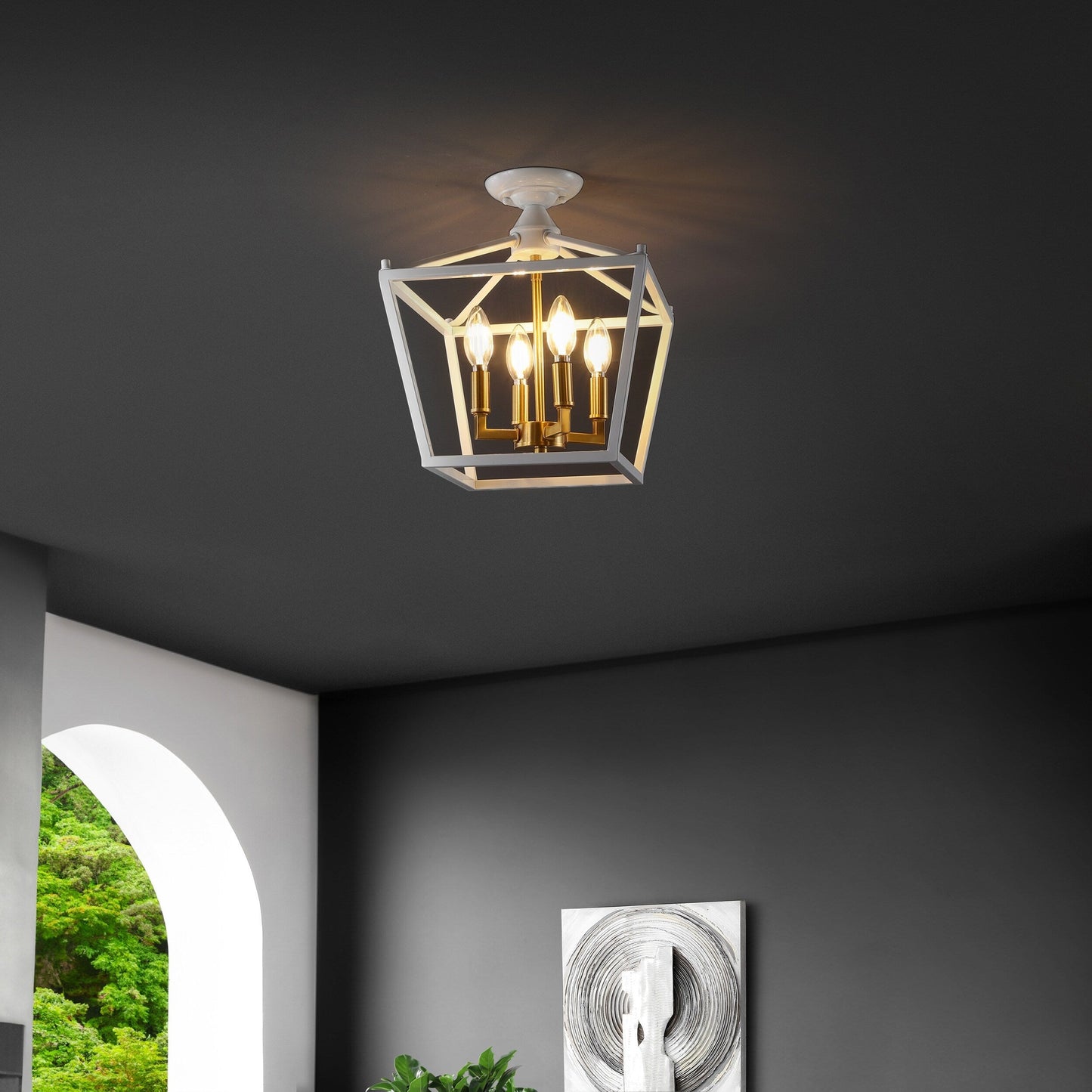Milton Mini Lantern 4-Light Iron Modern Farmhouse LED Flush Mount, by JONATHAN Y
