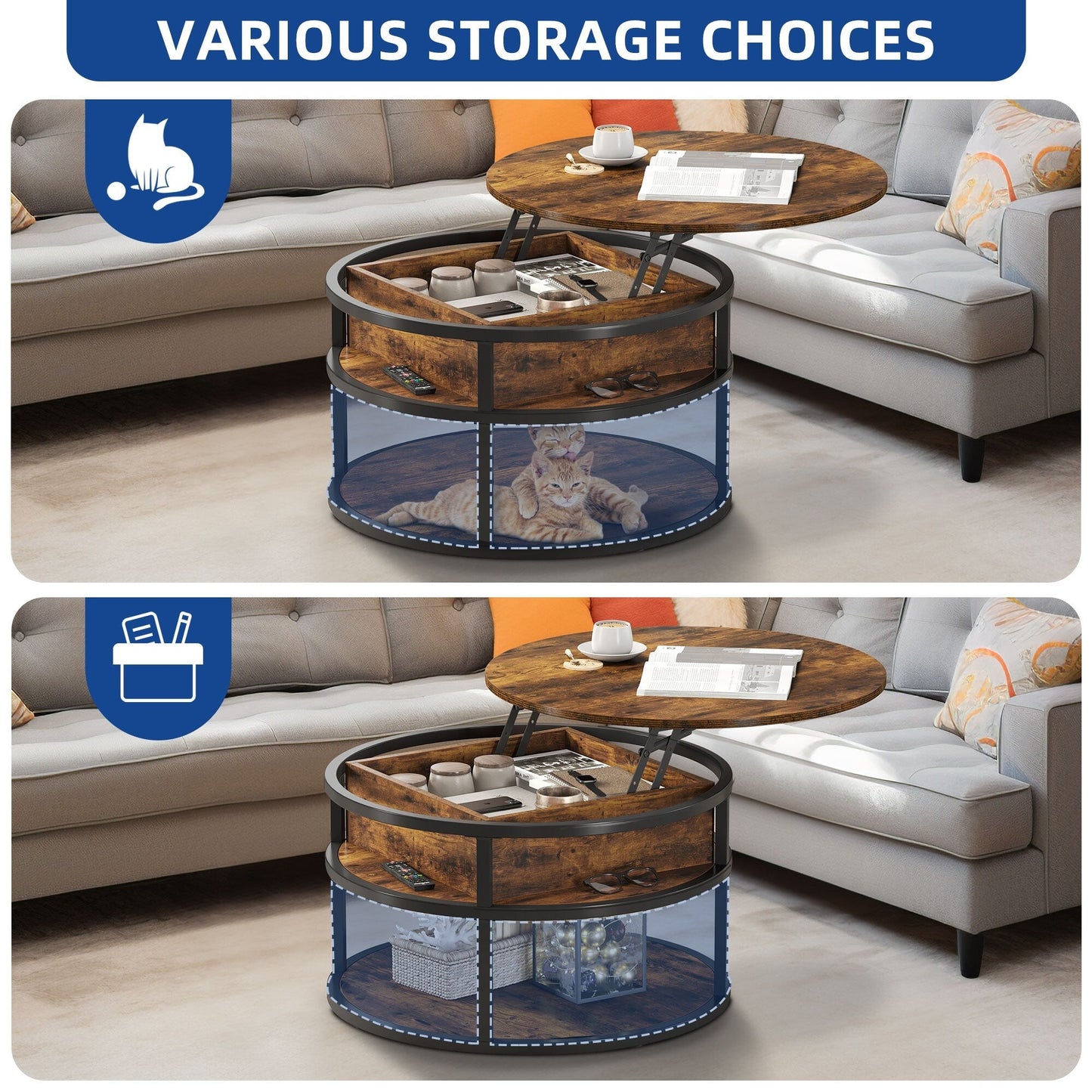 Moasis Round Lift Top Coffee Table with Hidden Storage
