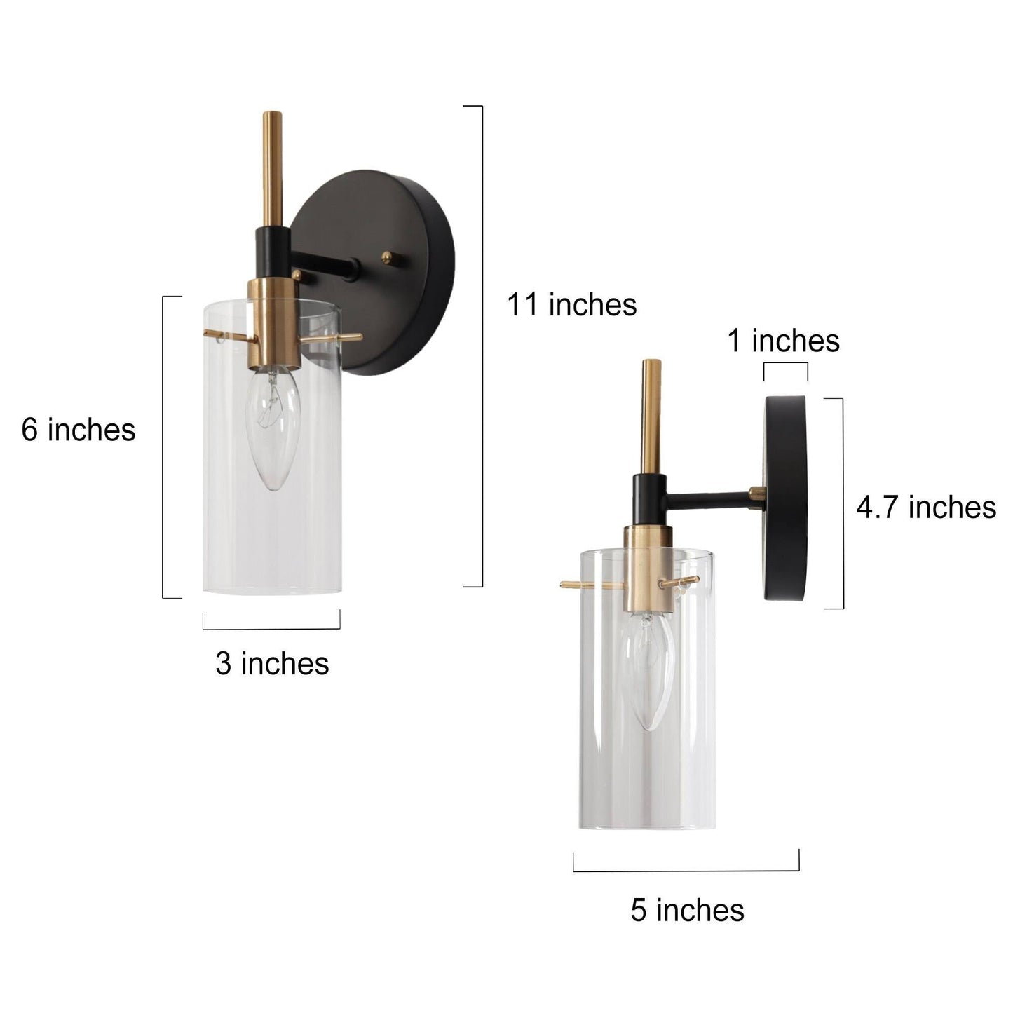 Modern Black Gold Bathroom Vanity Light Dimmable Wall Sconces with Cylinder Clear Glass