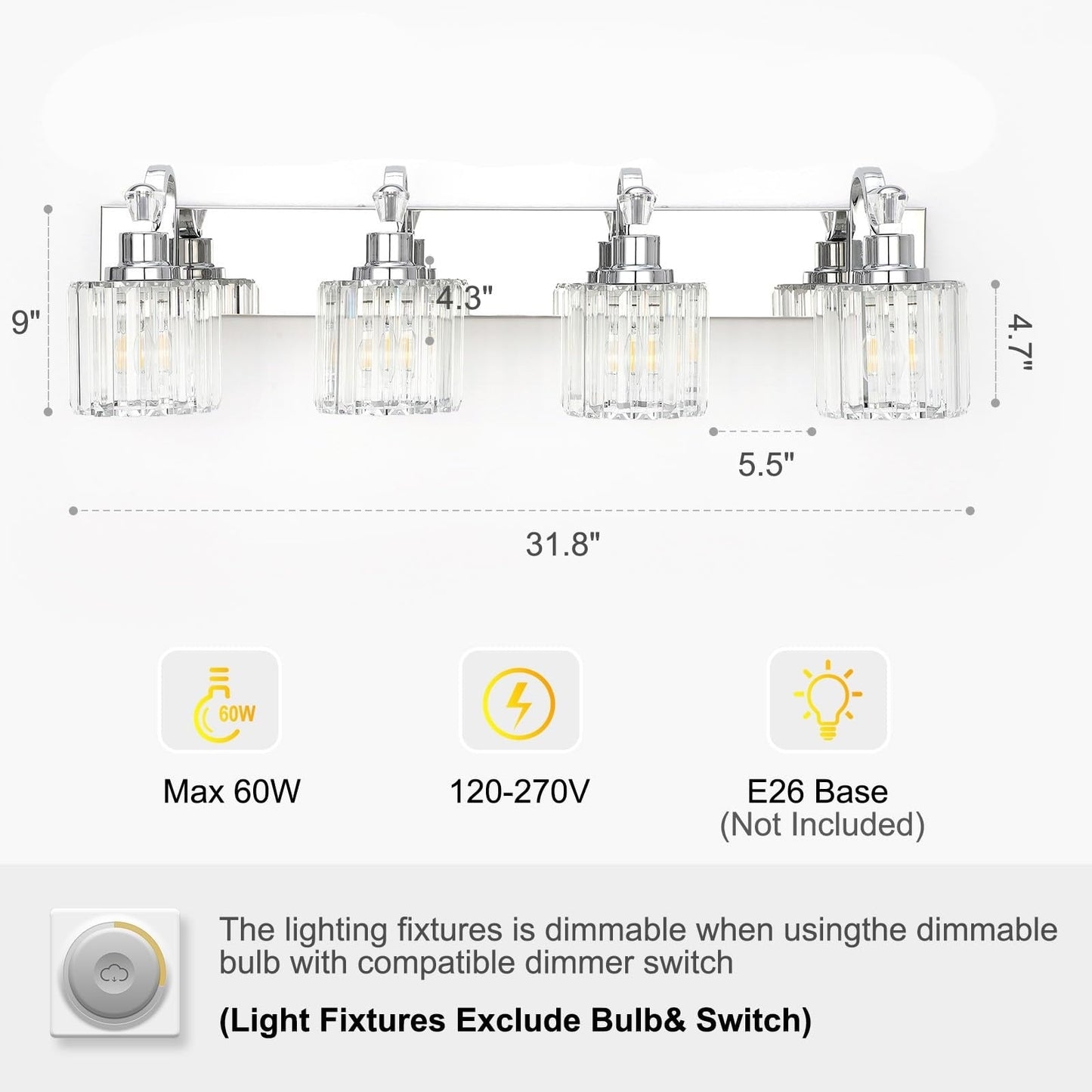 Modern Crystal Bathroom Vanity Lights Dimmable Wall Sconces