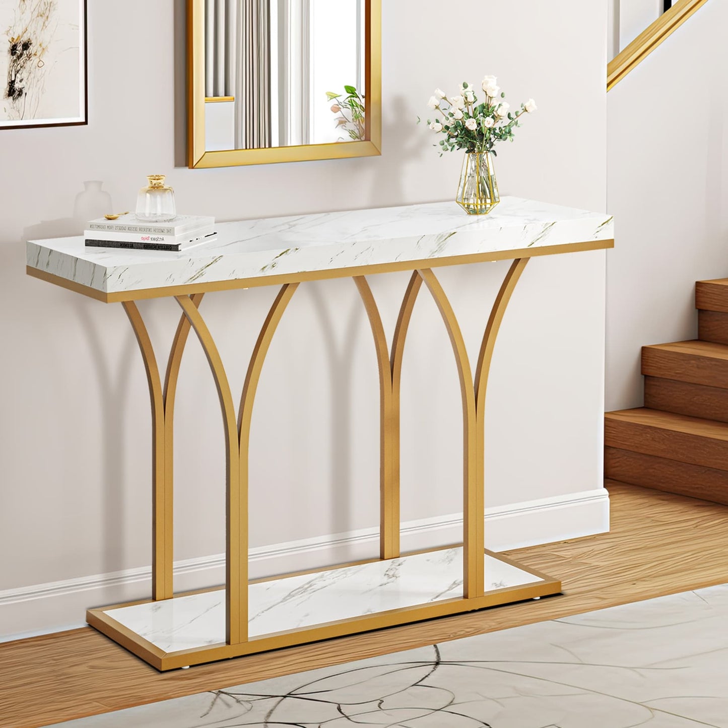 Modern Gold Console Sofa Table with Marbling Top for Entryway Hallway
