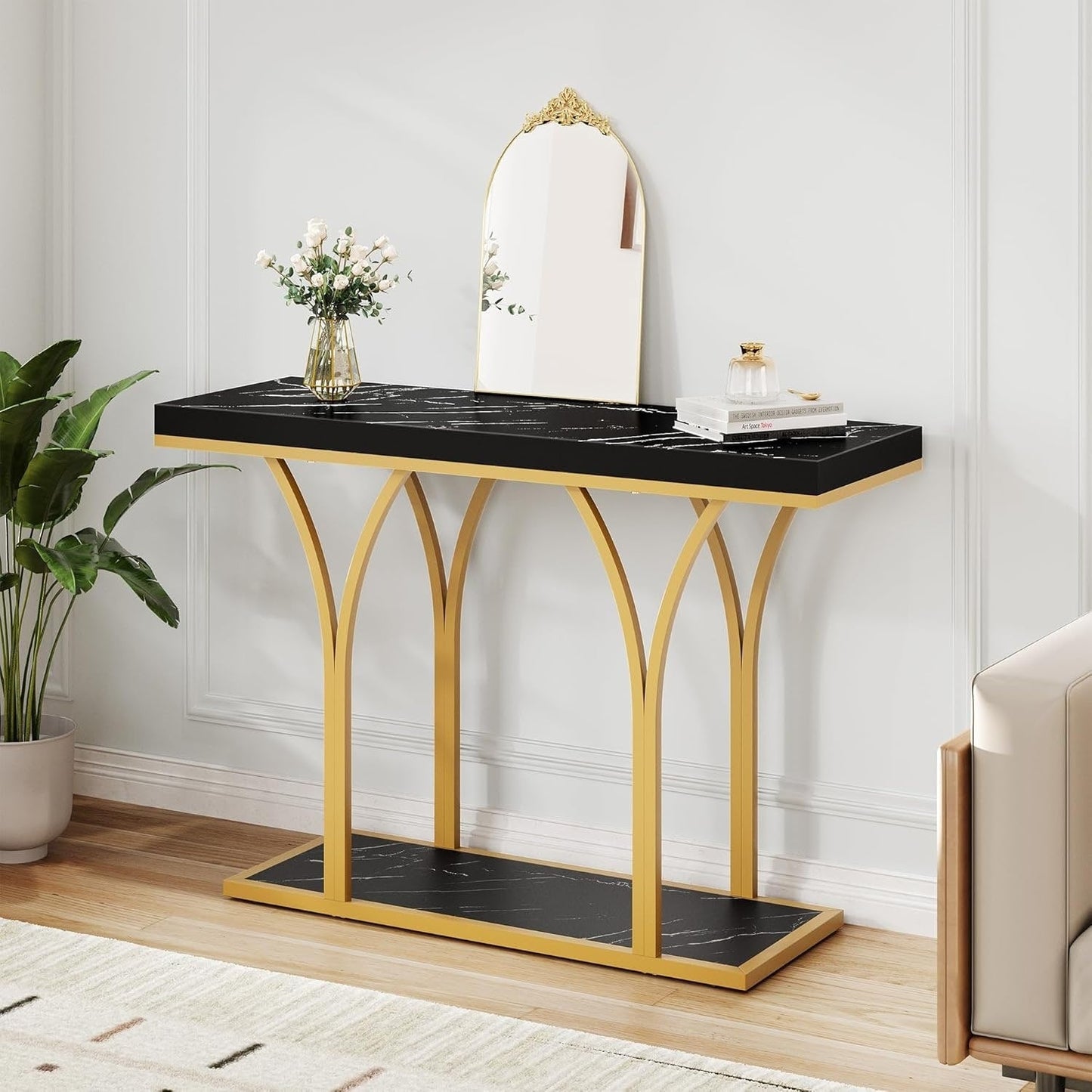 Modern Gold Console Sofa Table with Marbling Top for Entryway Hallway