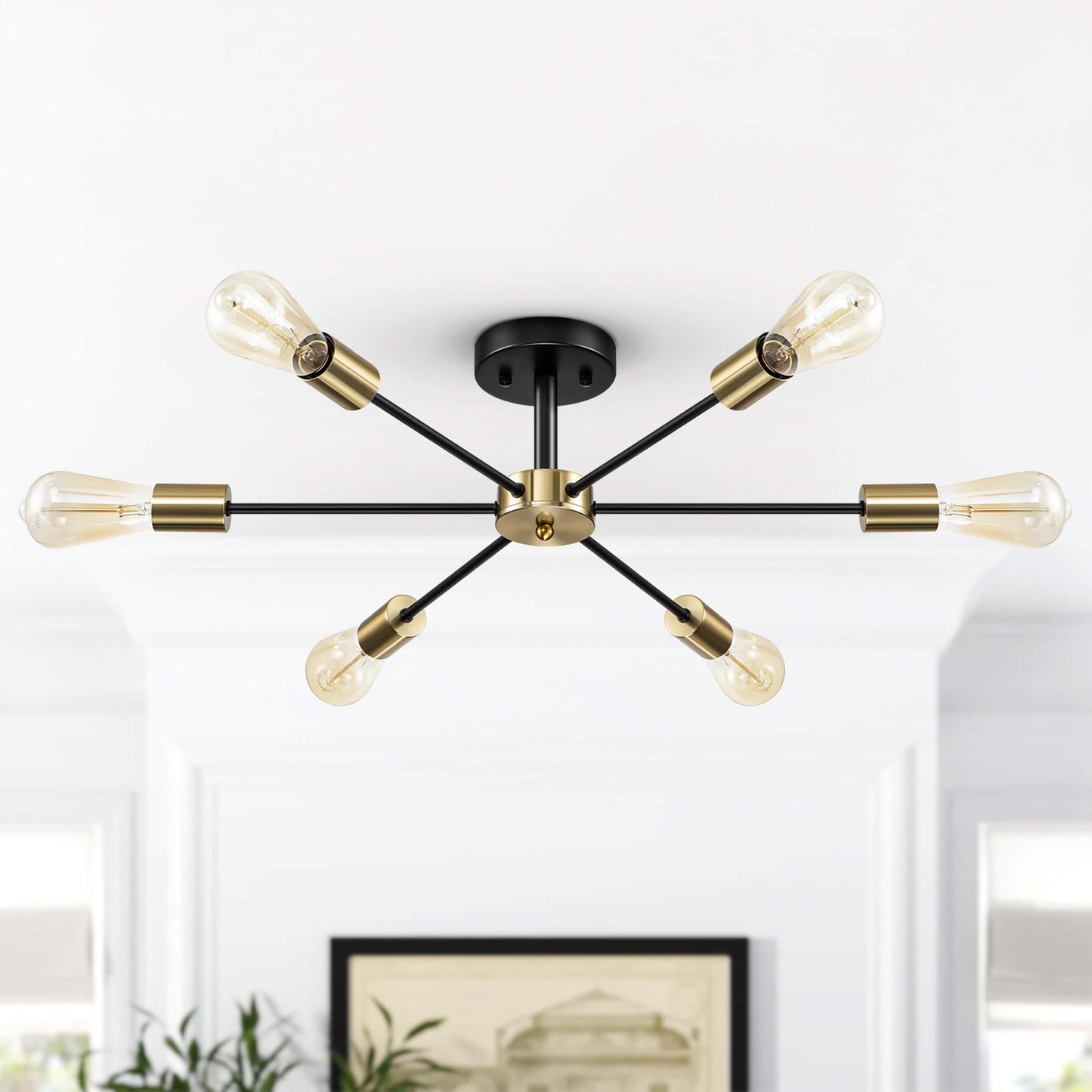 Black/ Gold Sputnik Semi Flush Mount Lamp Close to Ceiling Light Fixture for Living Room/ Kitchen/ Office/ Bedroom/ Foyer