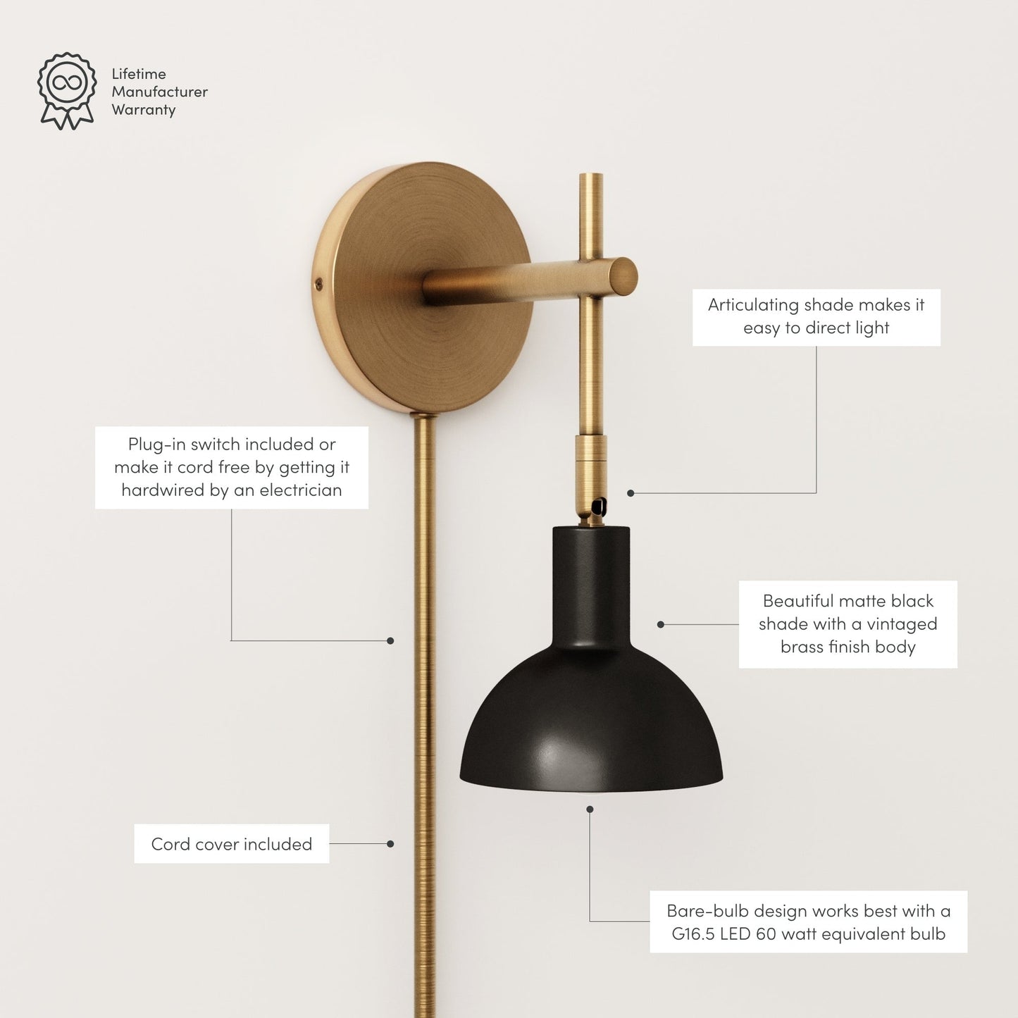 Nathan James Tamlin Wall Mounted Armed Sconce 1-Light Fixture with Plugin and On/Off Switch