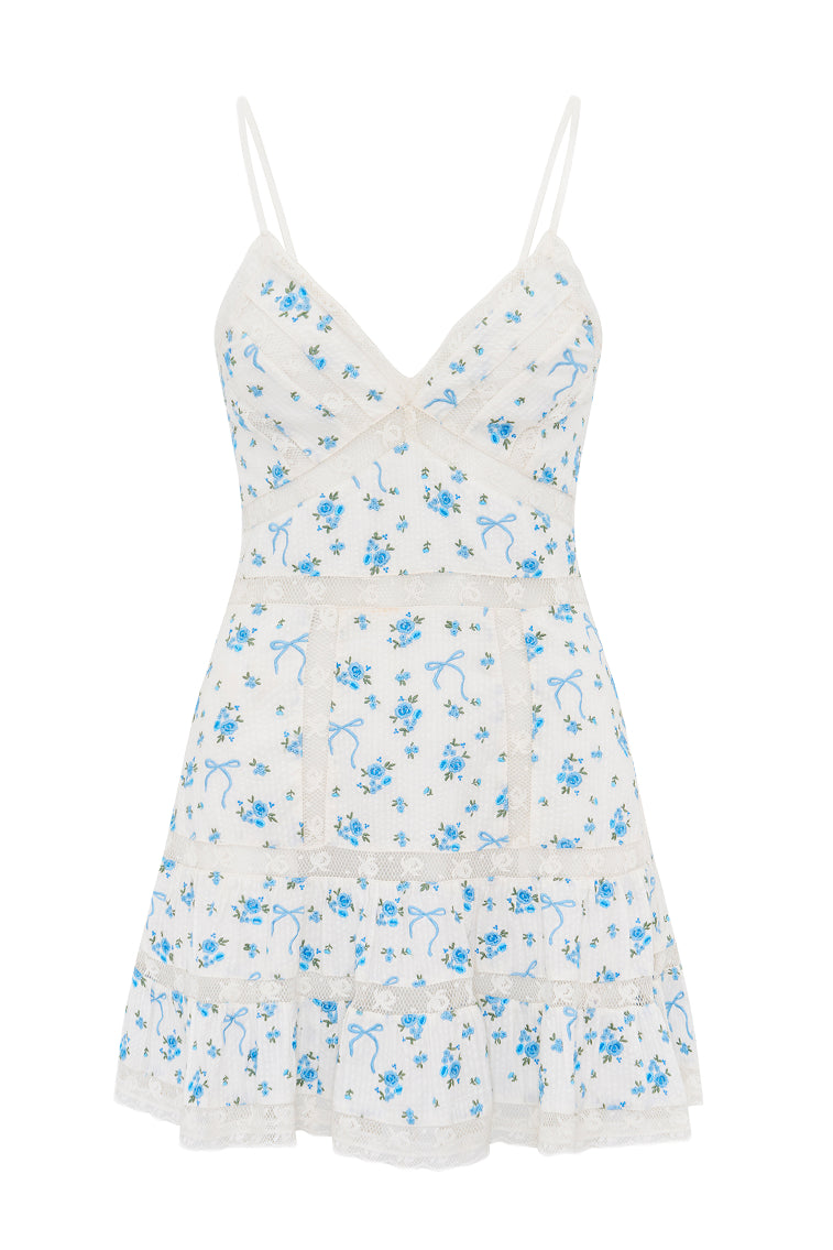 Robe courte en coton Solbina avec roses et nœuds - BLEU ÉGÉEN