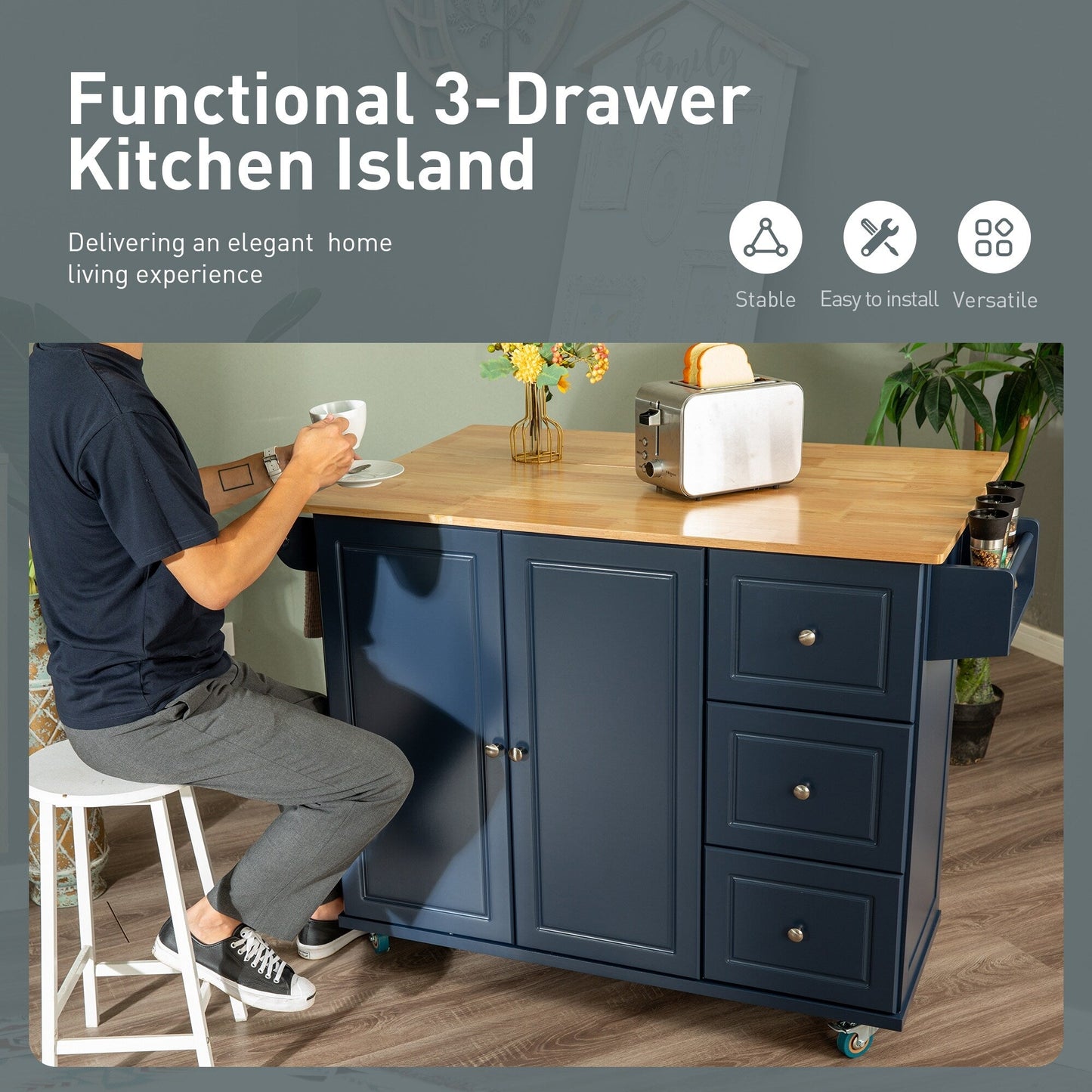 Desserte de cuisine Sophia & William avec abattant et plateau en bois d'hévéa, chariot de cuisine roulant avec grand meuble de rangement