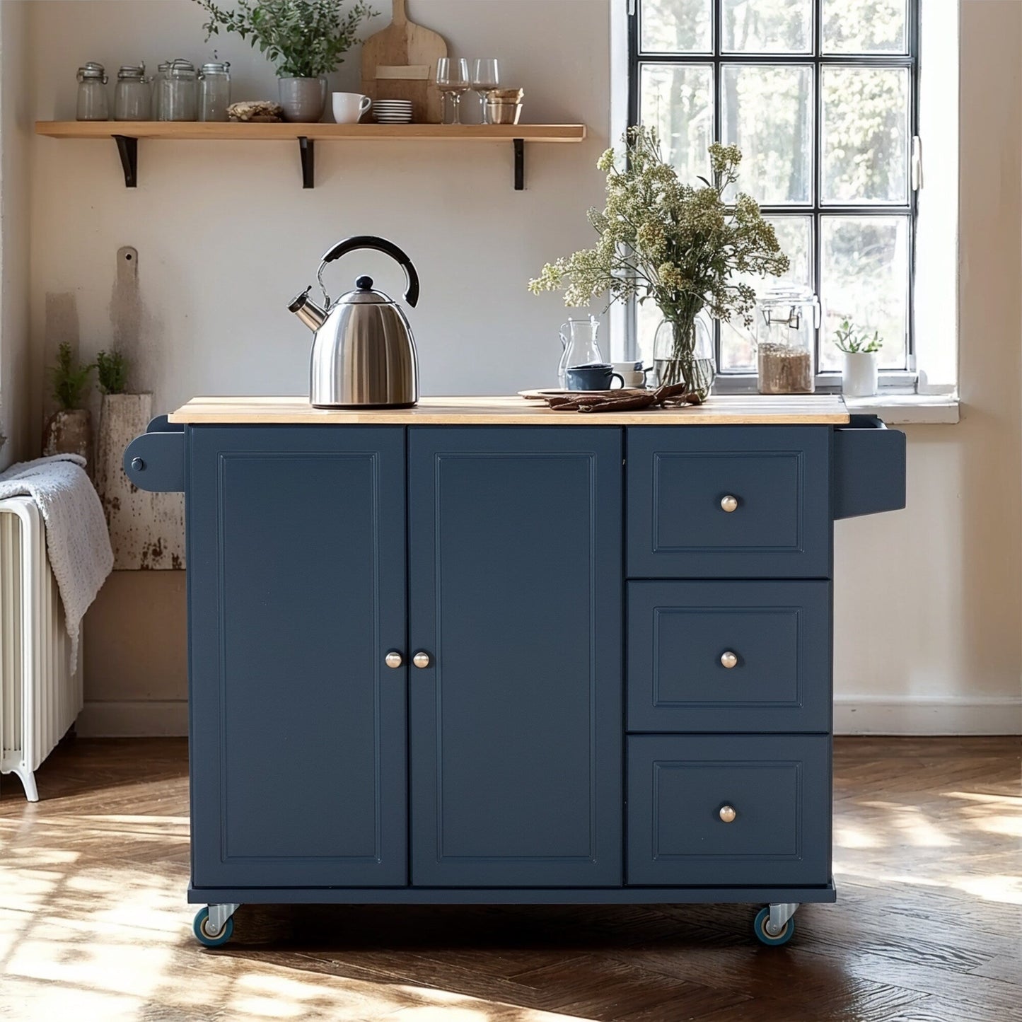 Desserte de cuisine Sophia & William avec abattant et plateau en bois d'hévéa, chariot de cuisine roulant avec grand meuble de rangement