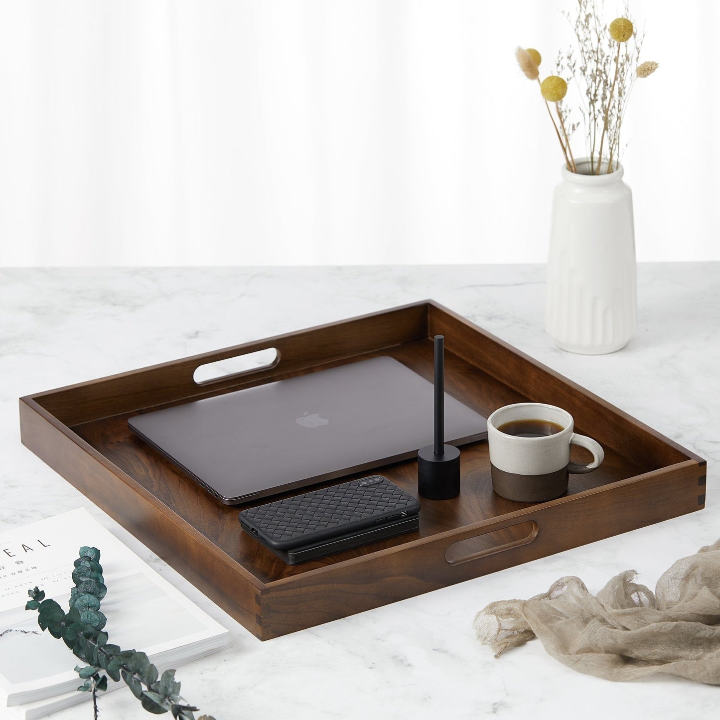 KINWELL Square Black Walnut Wood Serving Tray Ottoman Tray with Handles