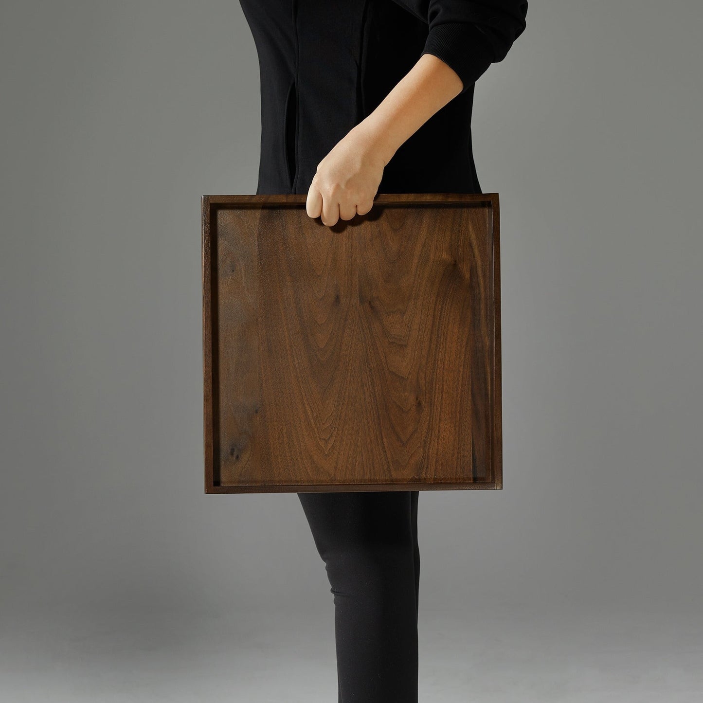 KINWELL Square Black Walnut Wood Serving Tray Ottoman Tray with Handles