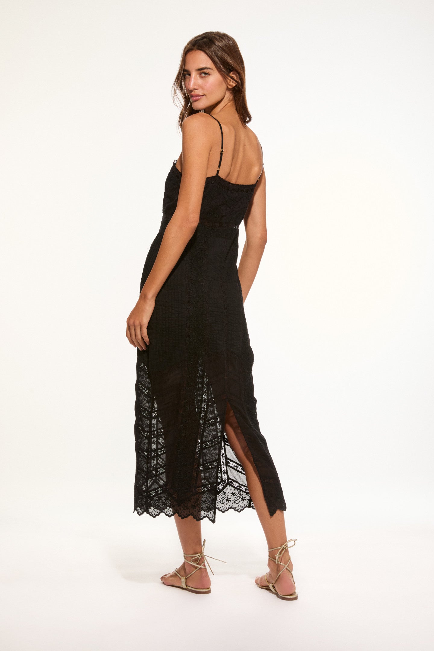 Robe midi en coton céladine avec bordure en dentelle