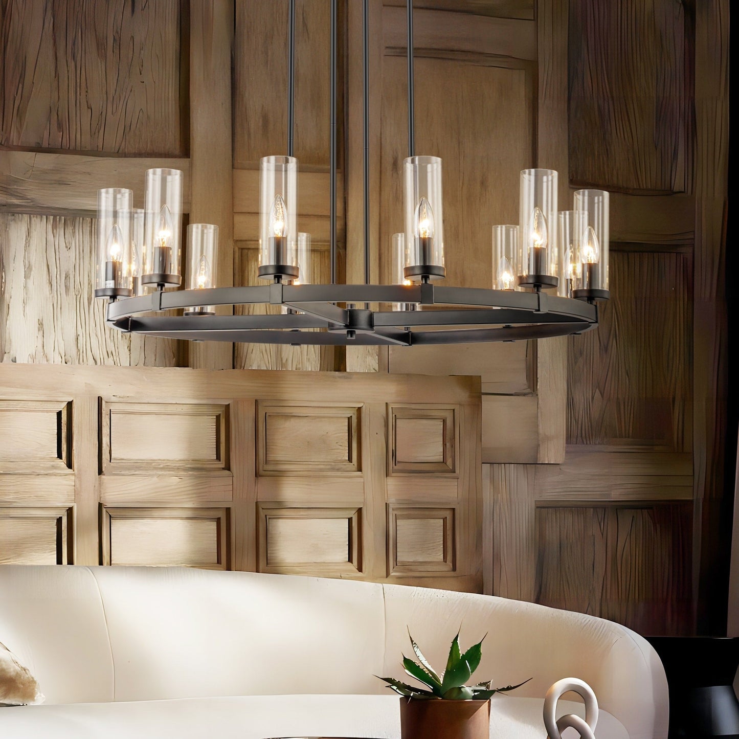 Lustre à 12 lumières en forme de roue de chariot, style moderne du milieu du siècle, en verre transparent, doré/noir, grand modèle