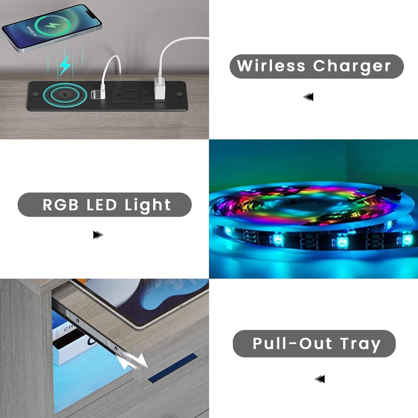 2 Drawers LED Nightstand Wireless Charging Station Pull-Out Shelf