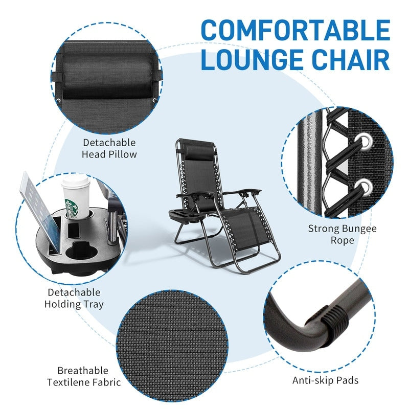 2-Piece Zero Gravity Lounge Chair Portable Folding Chairs with Cup Holder
