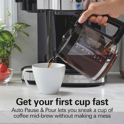 Cafetière 2 voies 12 tasses et doseur individuel, carafe en verre, pause et versement automatiques, noir