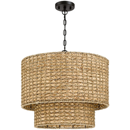 Suspension tambour traditionnelle en rotin naturel à 4 lumières avec auvent noir - Noir/ocre - 50,8 cm de largeur