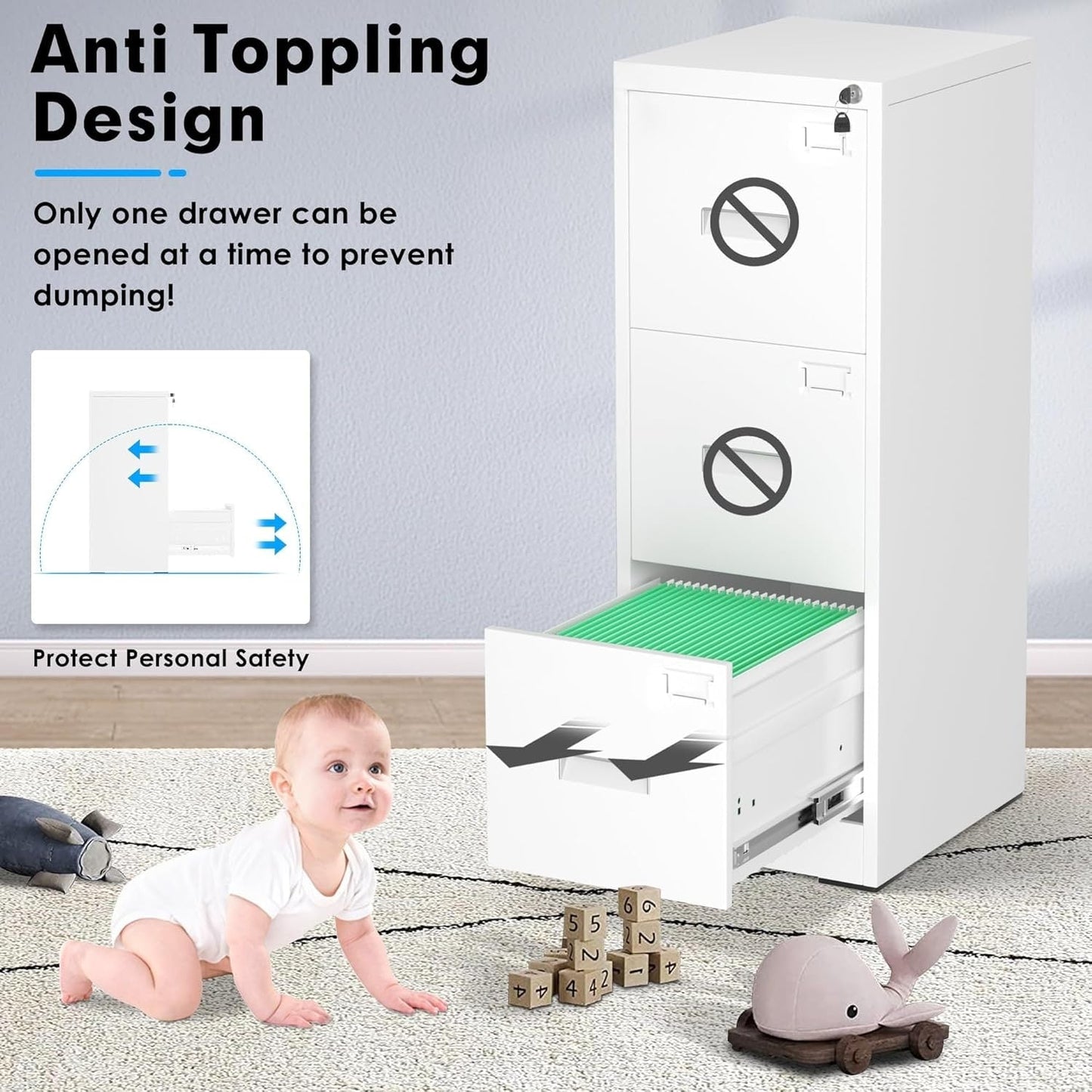 3 Drawer Metal Locking File Cabinet for Home Office, Rolling Cabinet Fully Assembled