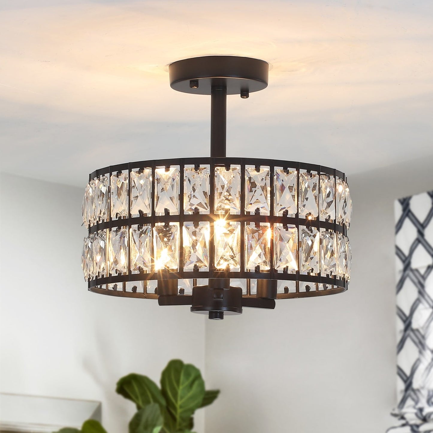 3-Light Crystal Semi Flush Mount Lights for Living Room Hallway