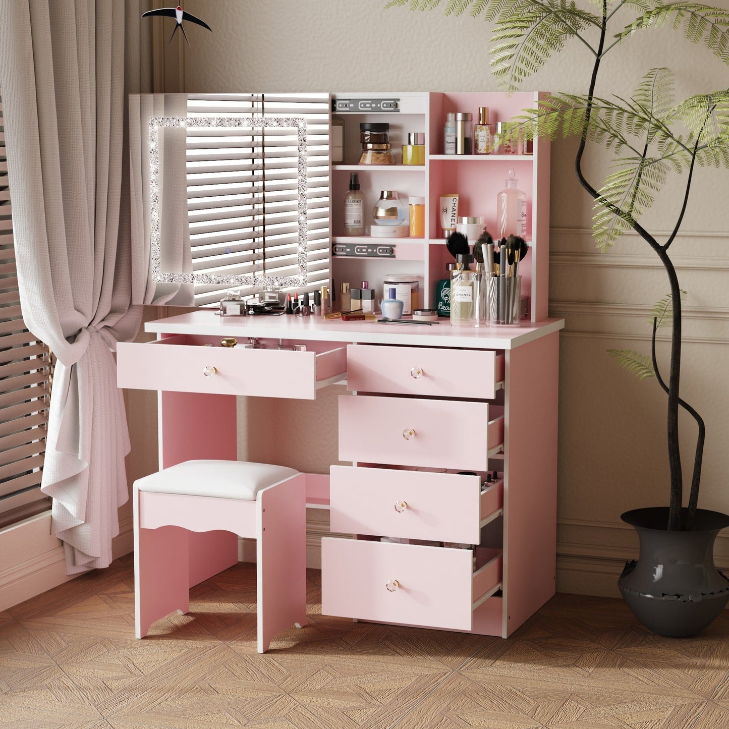 Ensemble de coiffeuse de maquillage de 39,4 po de large avec tabouret et miroir