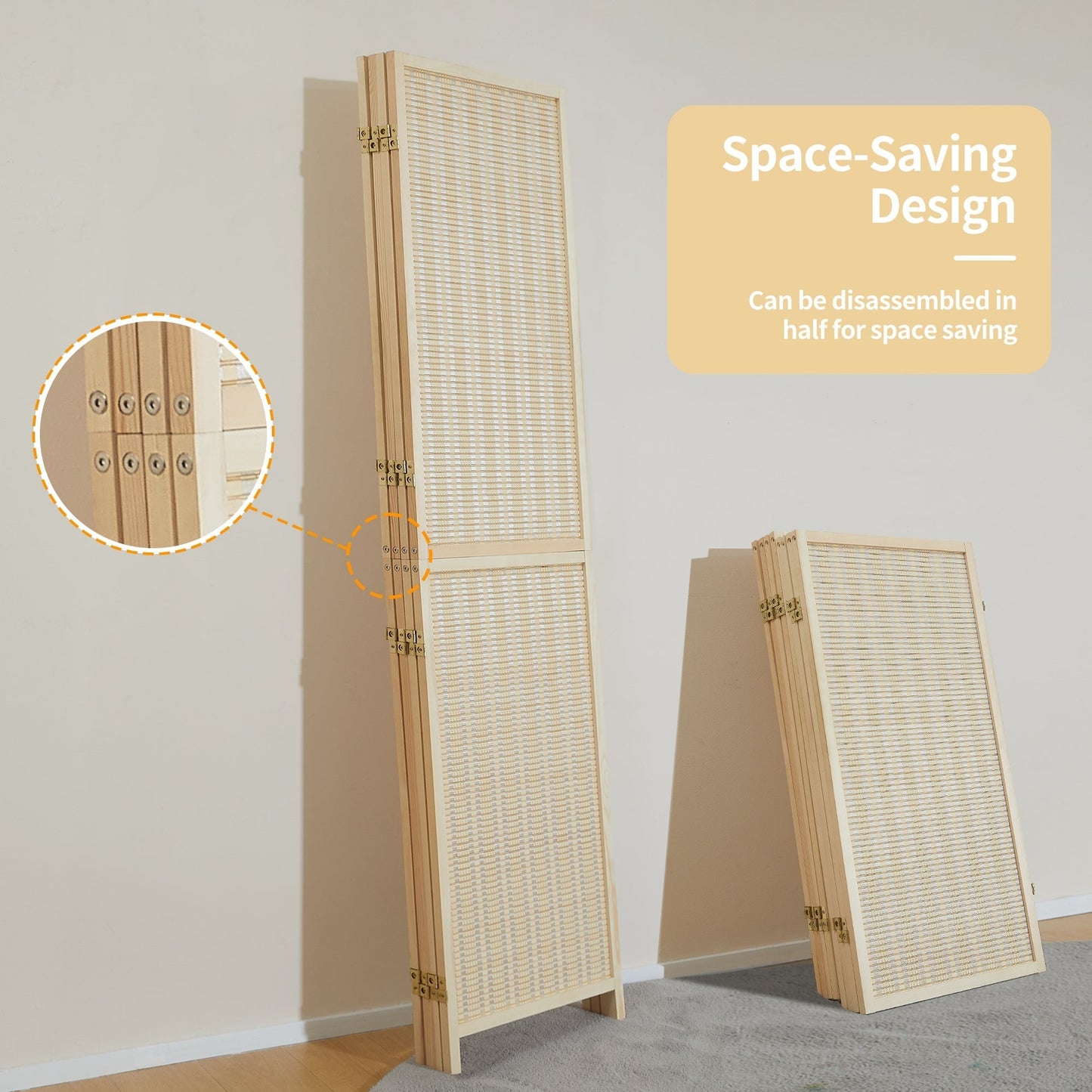 4/6 Panel Bamboo Room Divider 6 FT Detachable Wall Divider for Room Separation, Folding Privacy Screen