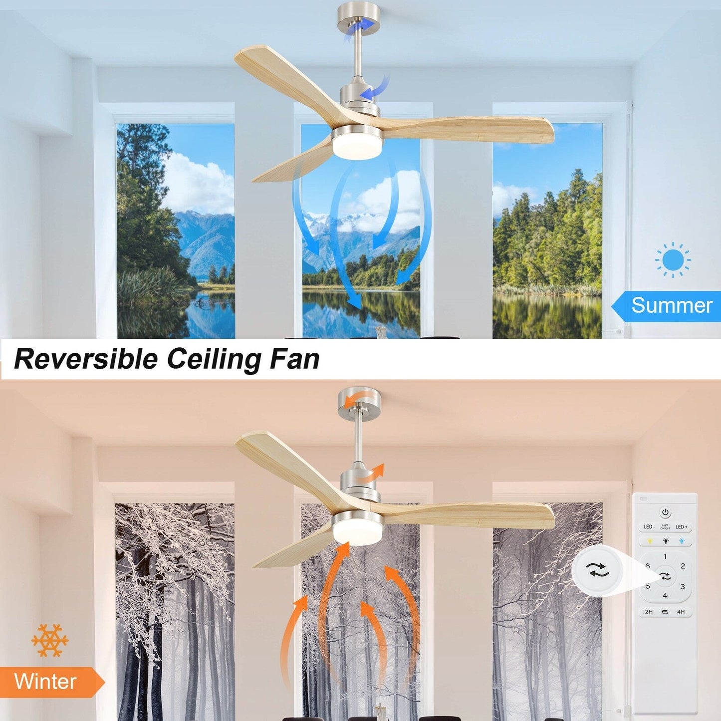 Ventilateur de plafond à LED intégré 48 et 52 pouces avec lumière et télécommande, moteur CC réversible