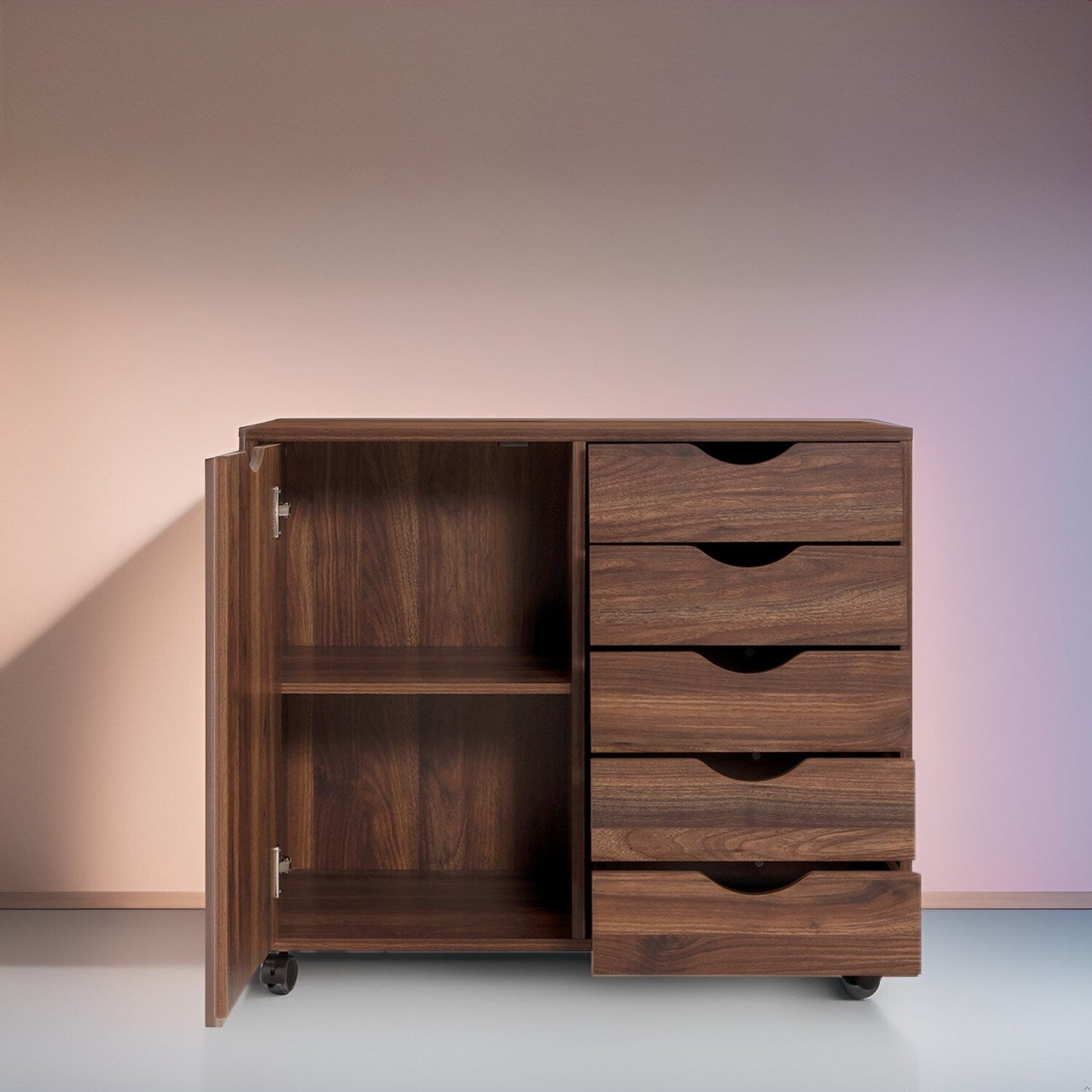 5-Drawer Wood Storage Dresser Cabinet with Wheels - Craft Organizer and Makeup Drawer Unit for Closet and Bedroom