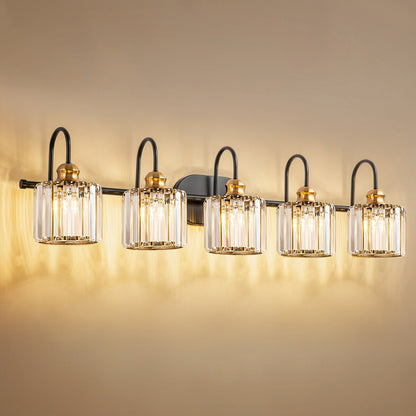Luminaires de salle de bain en cristal à 5 ​​lumières, style glamour, linéaires et à intensité variable, avec abat-jour cylindrique en cristal