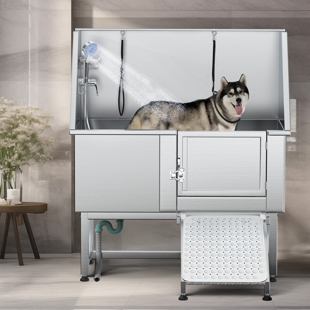 Baignoire de toilettage réglable en acier inoxydable de 50 po de largeur avec rampe - Argent