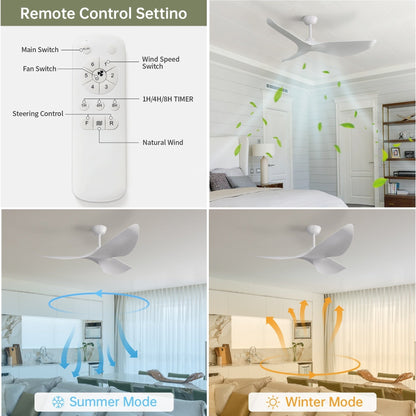 Ventilateur de plafond moderne en bois massif/ABS de 52 pouces avec télécommande (sans lumière), 6 vitesses de vent, flux d'air réversible