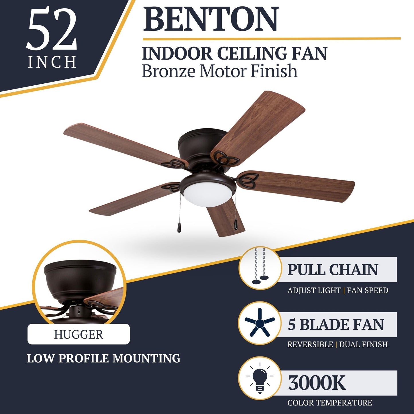 52 Prominence Home Benton Traditional Indoor LED Ceiling Fan with Light, Pull Chains