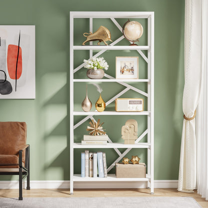 Bibliothèque industrielle à 6 niveaux en bois brun rustique, étagères ouvertes