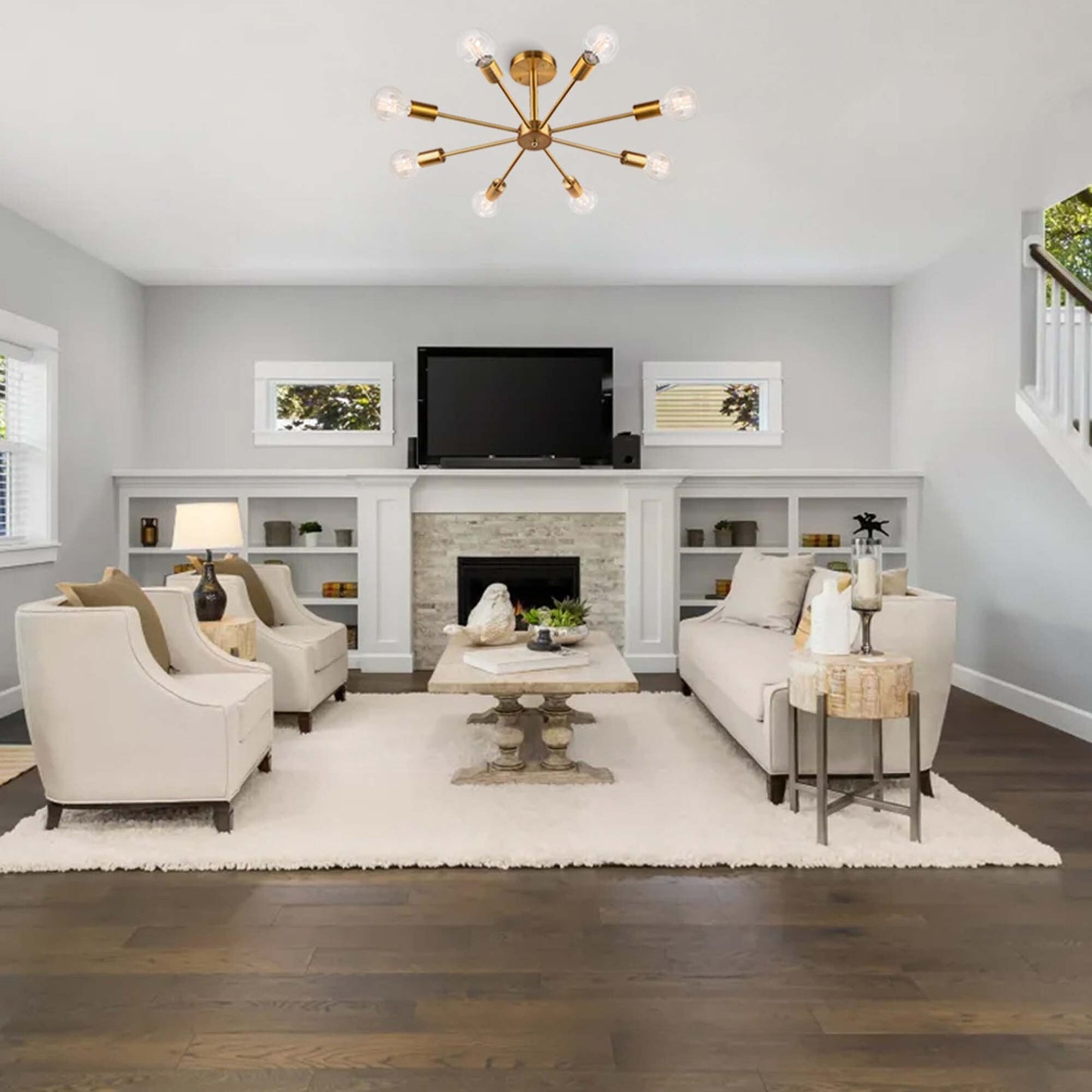 Black/ Gold Sputnik Semi Flush Mount Lamp Close to Ceiling Light Fixture for Living Room/ Kitchen/ Office/ Bedroom/ Foyer