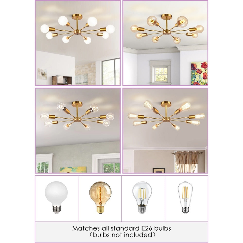 Black/ Gold Sputnik Semi Flush Mount Lamp Close to Ceiling Light Fixture for Living Room/ Kitchen/ Office/ Bedroom/ Foyer